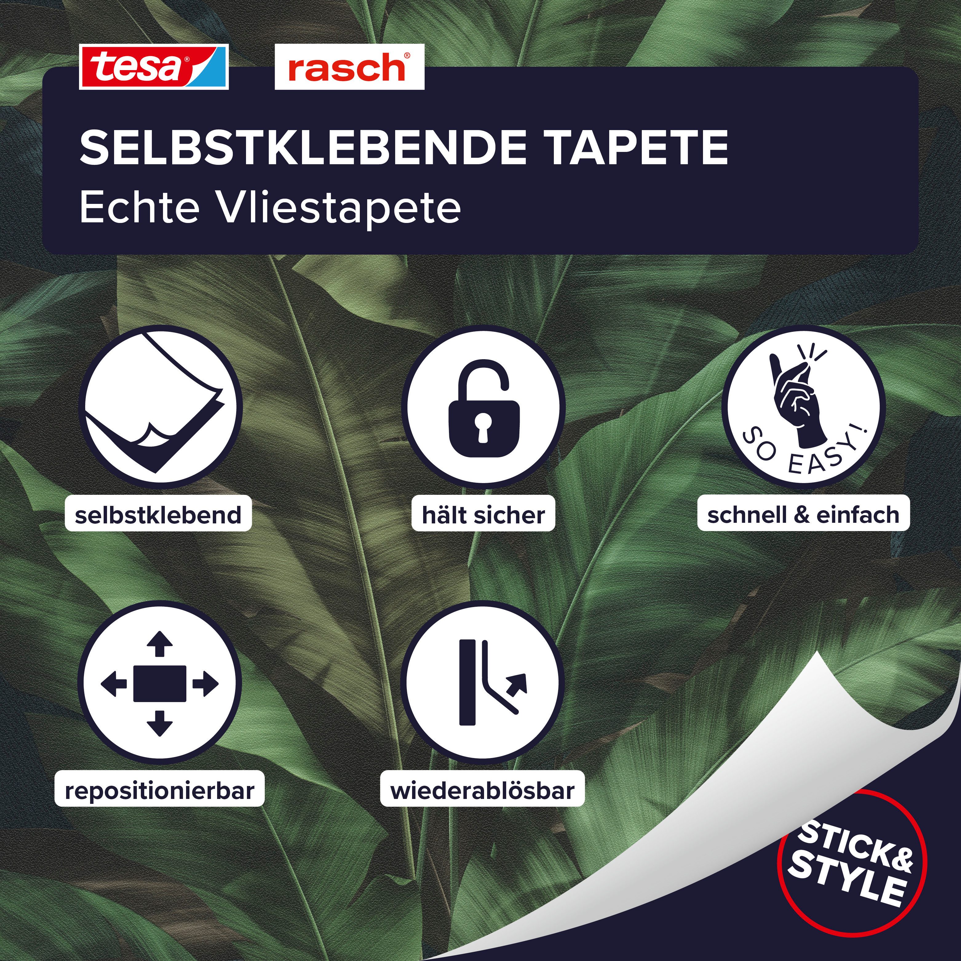 Rasch Vliestapete Rio - Selbstklebende Tapete Dschungel von tesa® x rasch®, strukturiert, botanisch, tropisch, Blätter, (1 St), selbstklebend, 6,00m x 0,53m