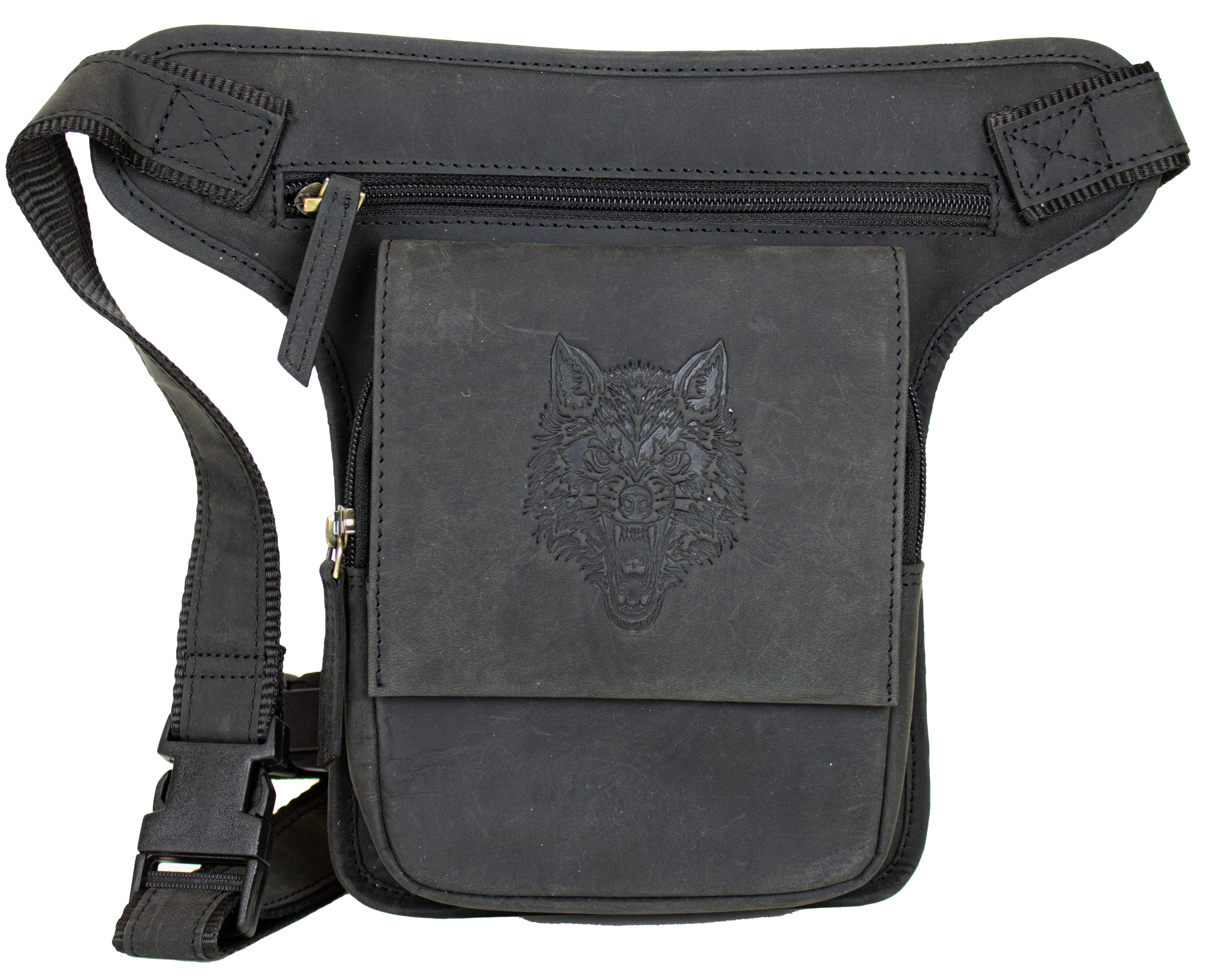 MDM Beintasche Biker Beintasche Hüft-, Gürteltasche mit Wolf-Prägung, Echtes Rindsleder