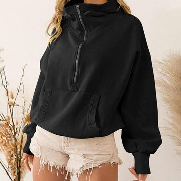 ZWY 2-in-1-Pullover Damen Sweatshirt Half Zip Fronttasche Langarm Pullover