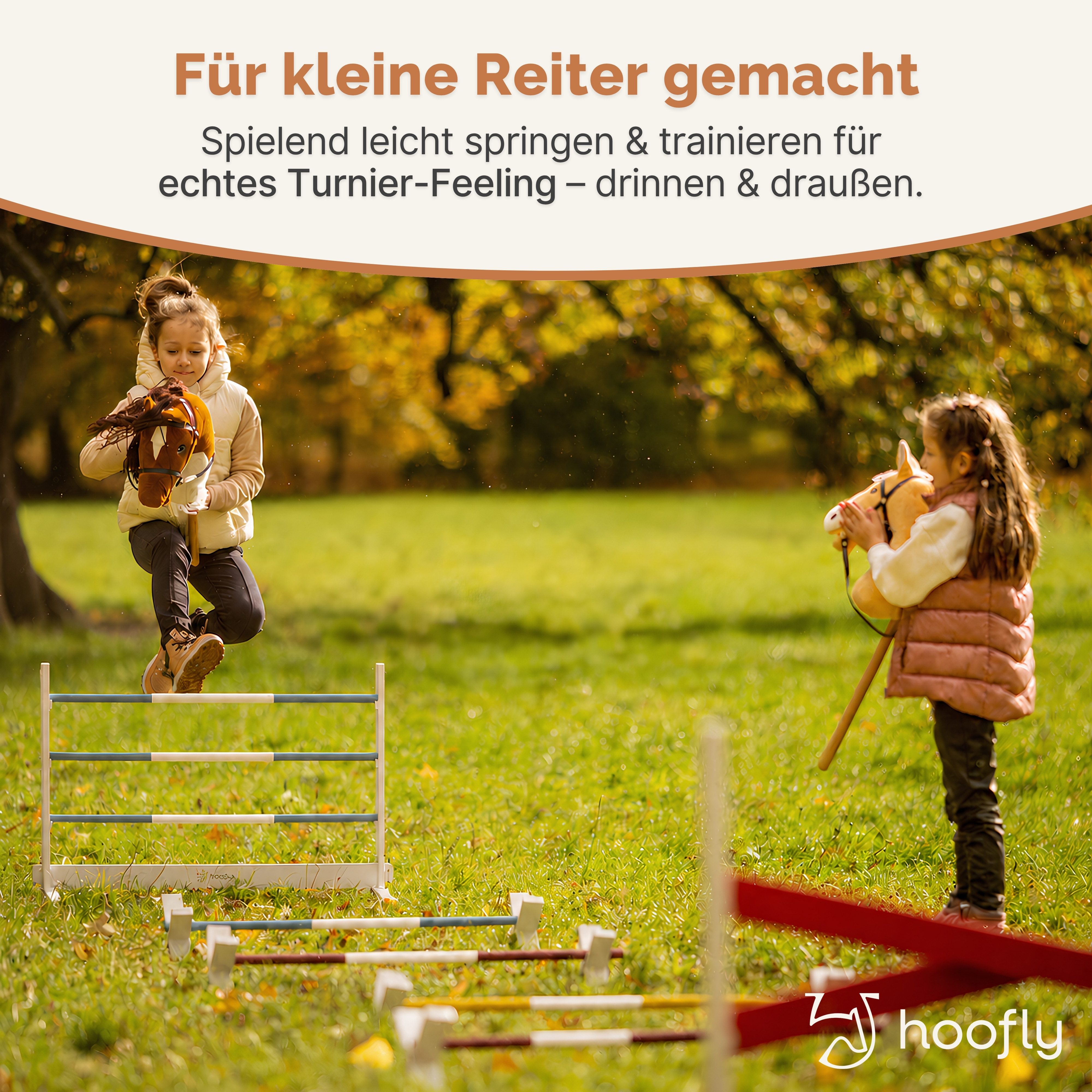 Hoofly Hürde Hobby Horse Hindernis-Set aus Holz (2 Steilsprünge, 1 Cavaletti, Hobby Horse Hindernisse), 3 Hindernisse (2 Steilsprünge, 1 Cavaletti) für Kinder