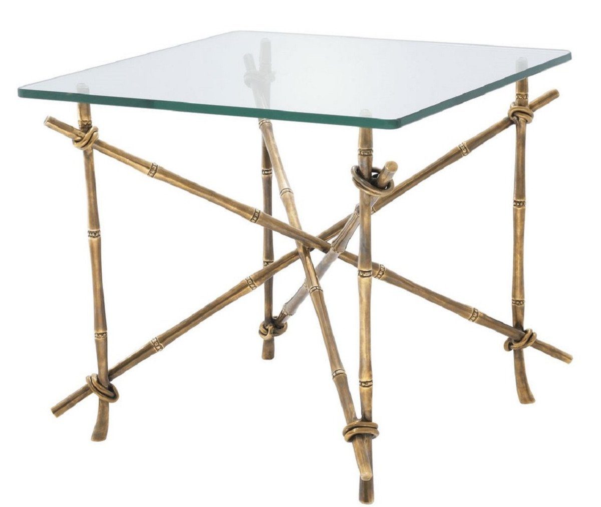 Casa Padrino Beistelltisch Luxus Beistelltisch Vintage Messingfarben 55 x 55 x H. 49,5 cm - Messing Tisch mit Glasplatte - Luxus Möbel