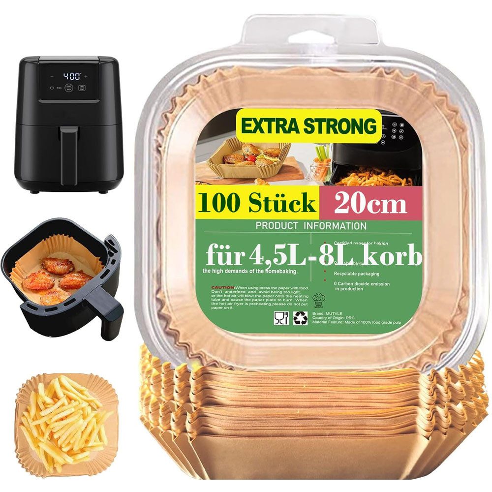 SURFOU Backpapier für Heißluftfritteuse 4,5L-8L,Air Fryer Backpapier 20 cm-100/200 Stück, Antihaft & ölfestes Backpapier – Ø20 cm, Höhe 4,5 cm, Quadratisch