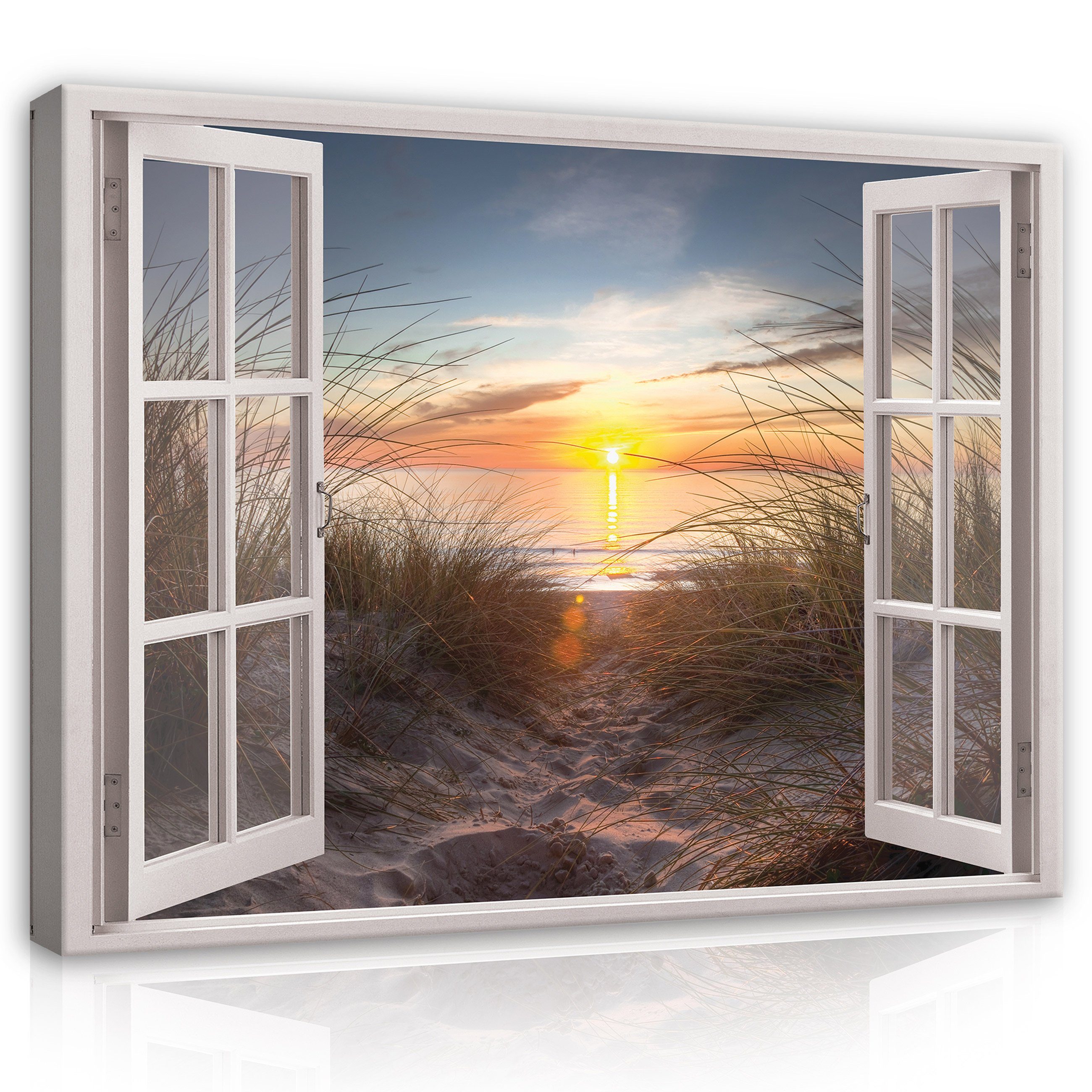 Wallarena Leinwandbild Fensterblick Bilder Auf Leinwandbilder Aufhängefertig Bild Kunstdruck Sonne Natur für Strand Canvas XXL Wandbilder Modern (Einteilig), Groß Schlafzimmer, Fenster Wandbild Leinwand Wohnzimmer