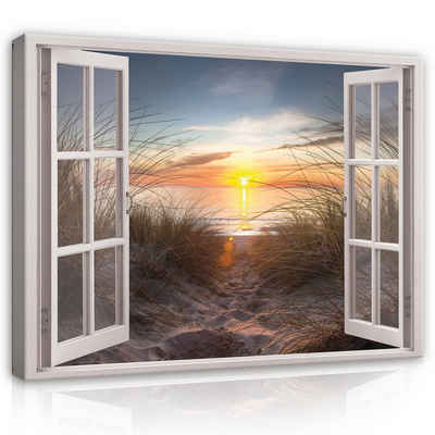 Wallarena Leinwandbild Fensterblick Natur Strand Sonne Fenster Wandbild Groß XXL Wandbilder Leinwandbilder Modern Canvas Kunstdruck Bild Auf Leinwand Bilder für Wohnzimmer Schlafzimmer, (Einteilig), Aufhängefertig