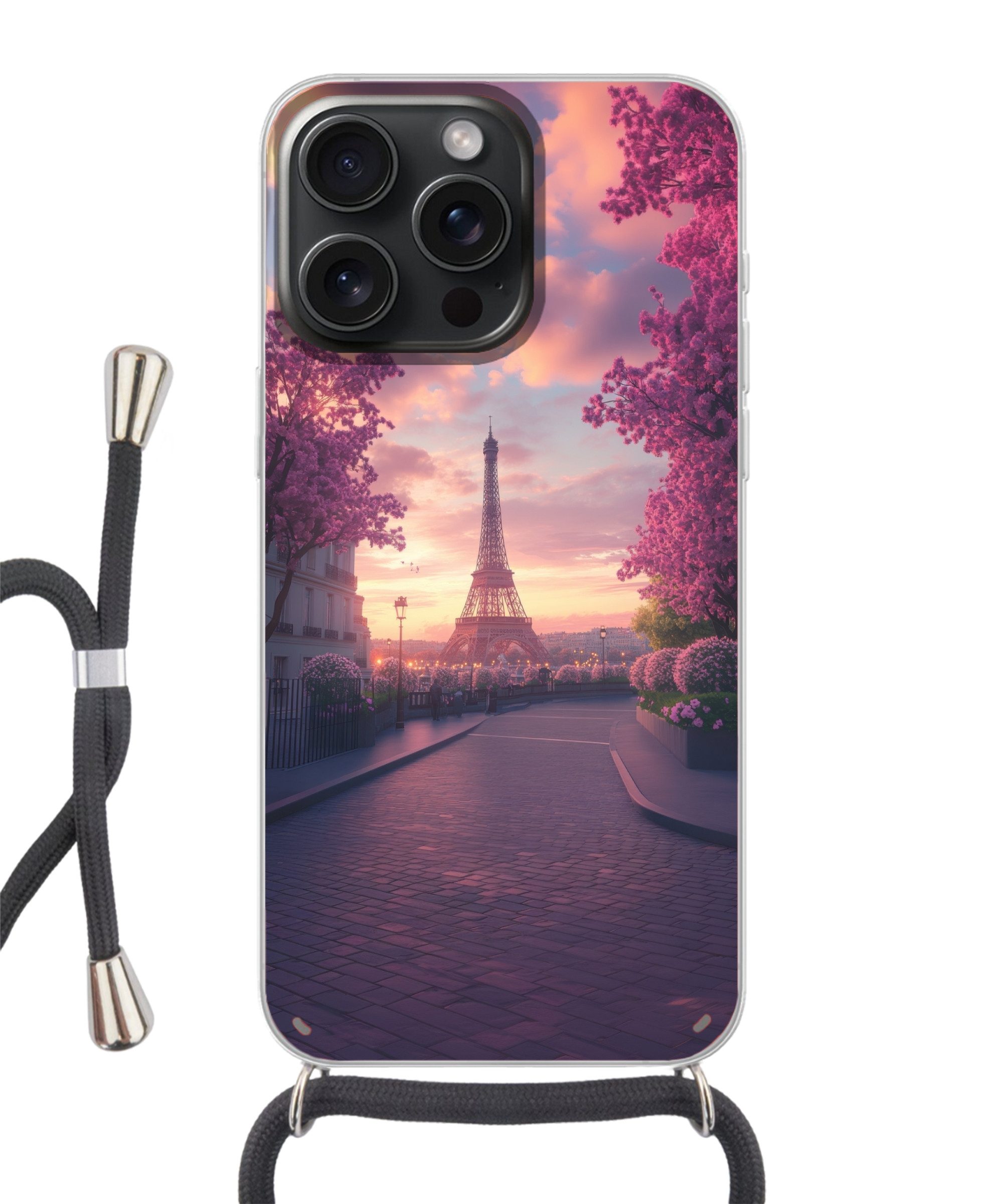 MuchoWow Handyhülle für Apple iPhone 15 Pro Max Eiffelturm - Paris - Rosa, Tragbare Handyhüllen mit Kette zum umhängen, Handykette Handyband