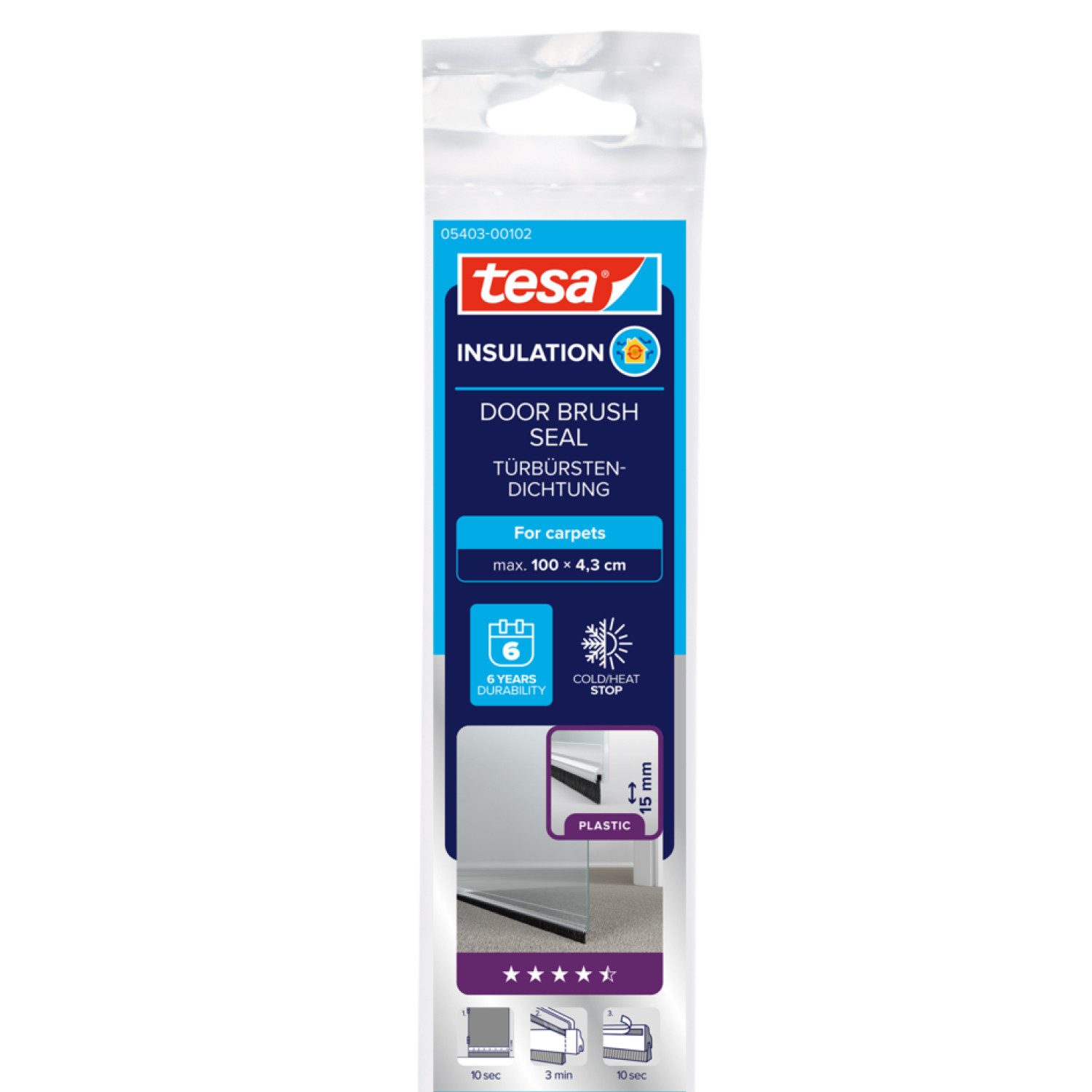 tesa Türbodendichtung INSULATION Türdichtschiene für Textilböden/Teppich, L: 0.8 cm, (Packung, 1-St., Türdichtschiene transparent - mit Bürstendichtung bis 15 mm), selbstklebende Türdichtung zum Schutz vor Zugluft