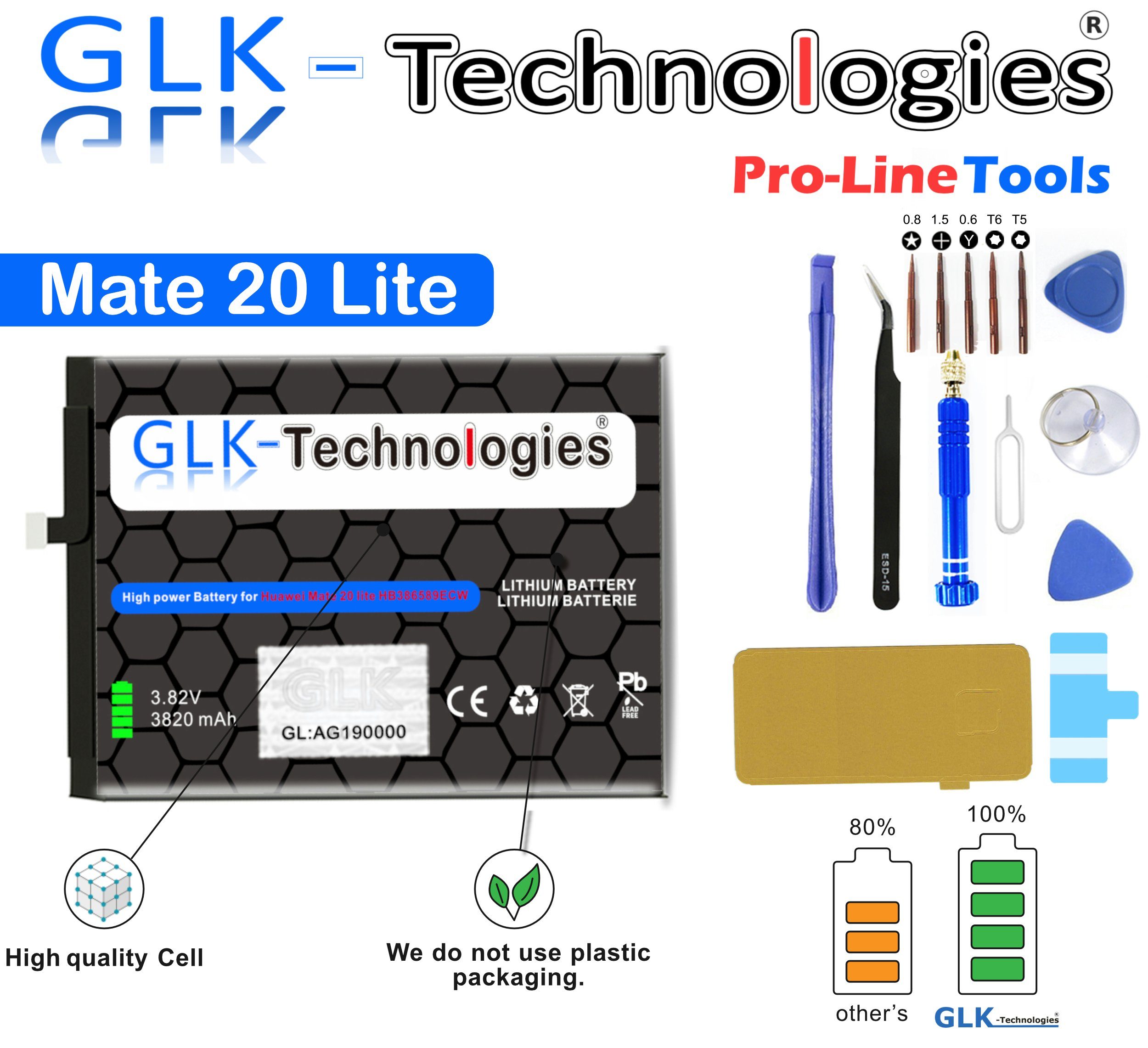 Huawei für / Akku Power Honor V) inkl. Kit 20 High Set 3820 GLK-Technologies (3,8 Plus Mate / mAh Profi Lite P10 Ersatz Smartphone-Akku Werkzeug