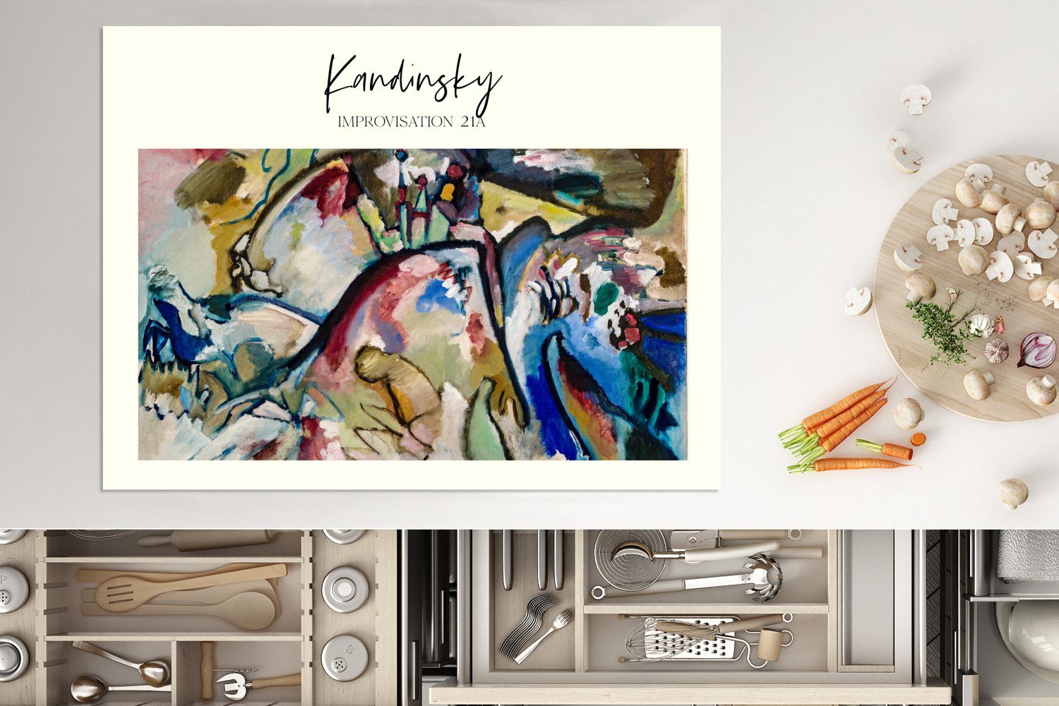 Arbeitsfläche Herdblende-/Abdeckplatte 70x52 Kandinsky, Improvisation Wassily 21A Vinyl, tlg), Ceranfeldabdeckung (1 cm, nutzbar, - MuchoWow Mobile