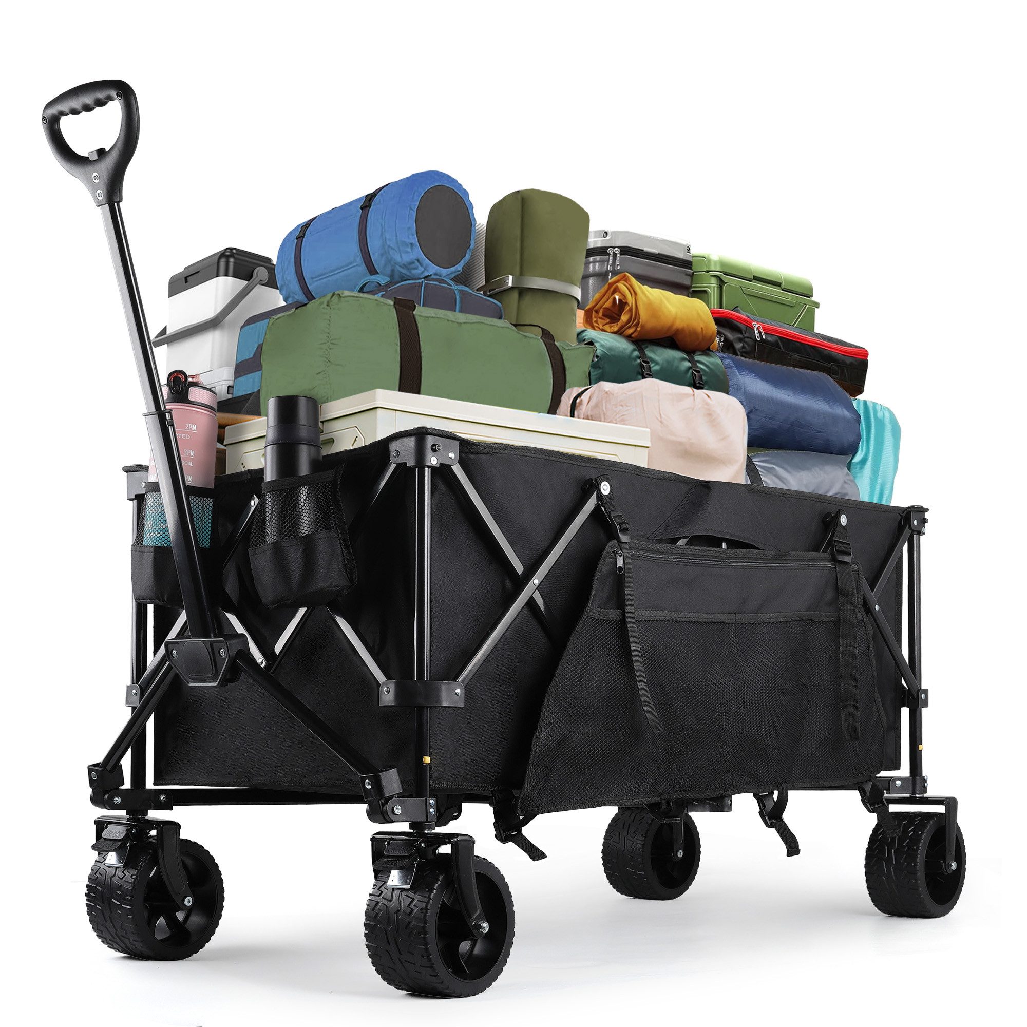 CALIYO Bollerwagen 250L 150KG mit EIN-klick-Handgriff 4-seitig zusammenfaltbar, Mit All-Terrain-Rädern und Bremse sicher verstaubar und stabil