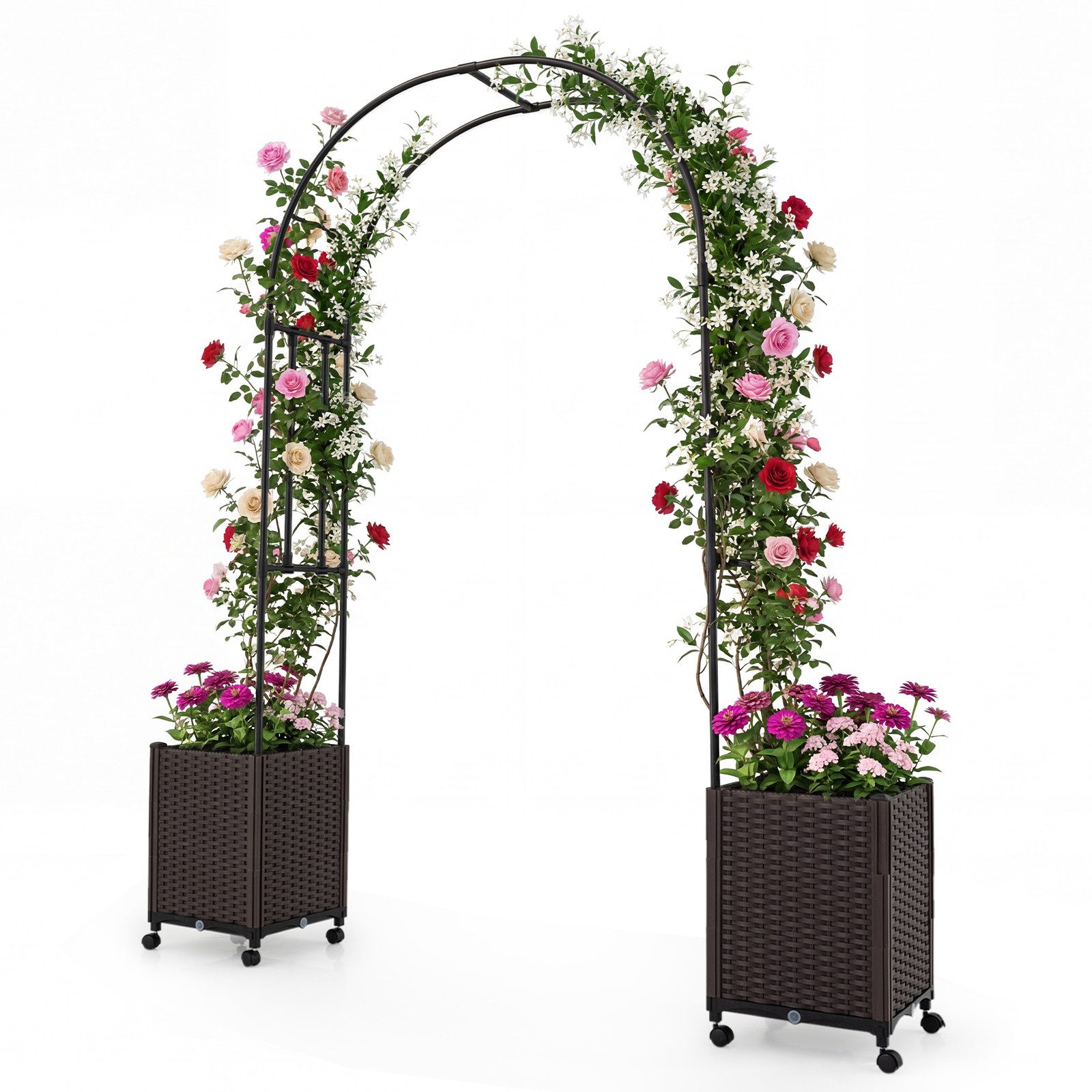 COSTWAY Blumenkasten (1 St), 2 in 1 Rosenbogen, Pflanzkasten mit Rankgitter, auf Rollen