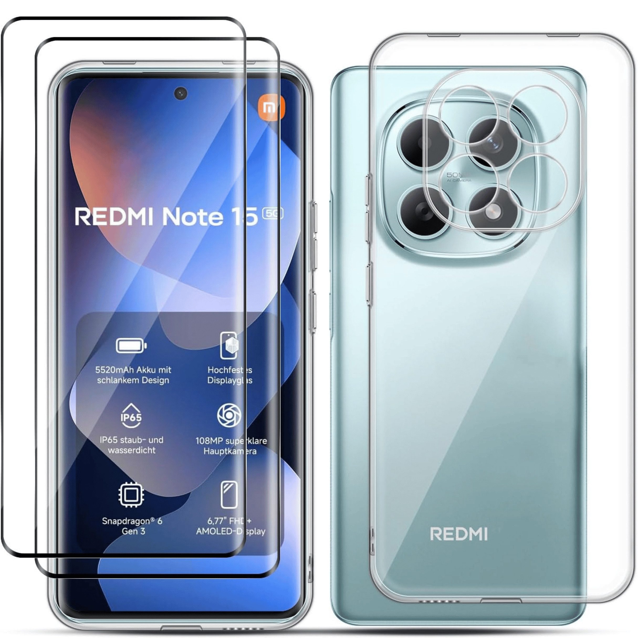 SmartUP Smartphone-Hülle + 2X Schutzglas für Xiaomi Redmi Note 15 Panzerfolie Display Case 3D 6,77 Zoll, kompletter Rundumschutz