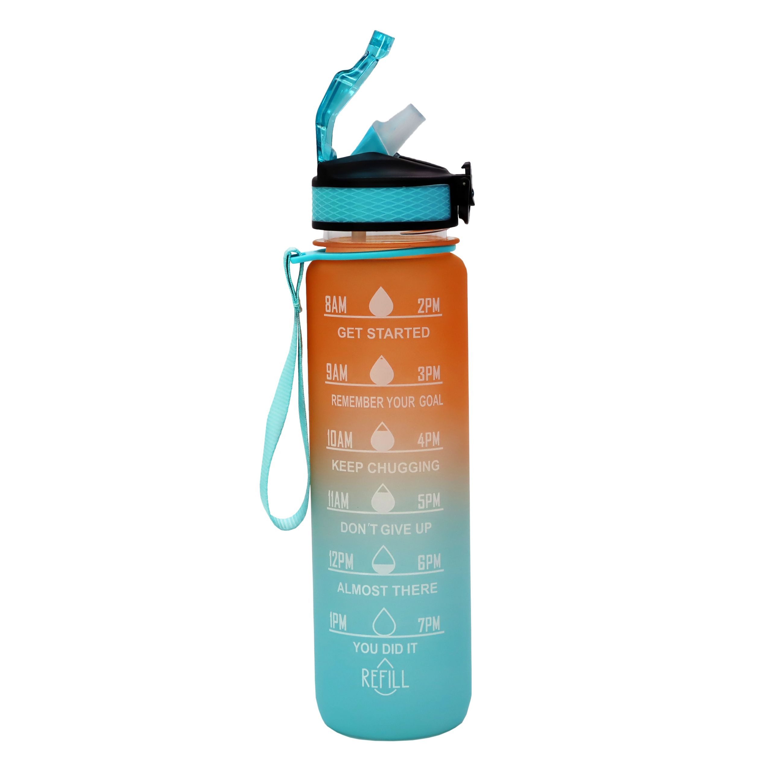 Lacers Trinkflasche Petrolline Trinkflasche 1000ml mit Strohhalm & Zeitmarkierung, Zeitmarkierung, Trinkauslass, Trageschlaufe, Deckelverschluss