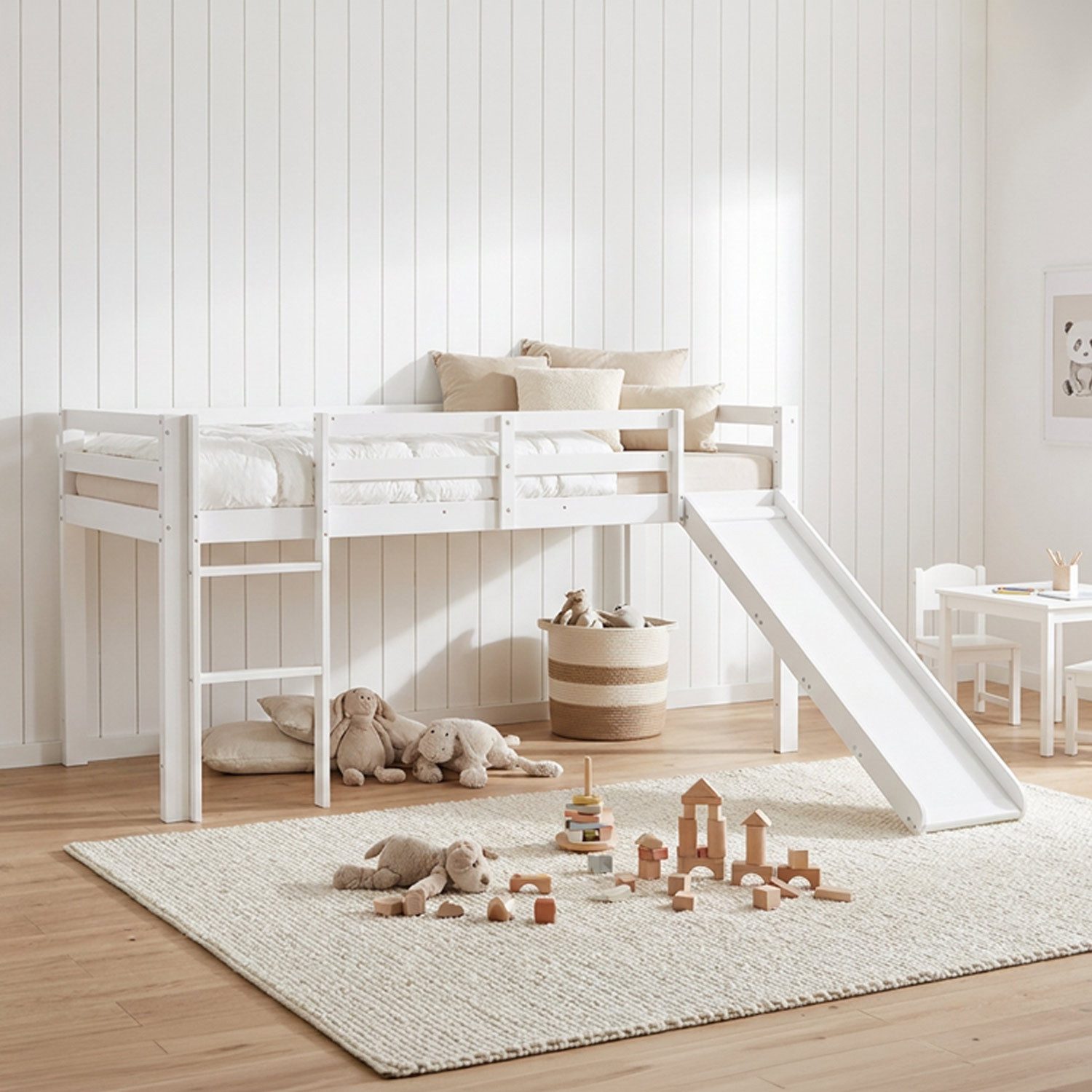 Homestyle4u Hochbett 90x200 Kinderbett Spielbett Kiefer massiv mit Rutsche Vorhang (Set, Bettgestell mit Lattenrost) Weiß, mit Rausfallschutz, Jungen Mädchen