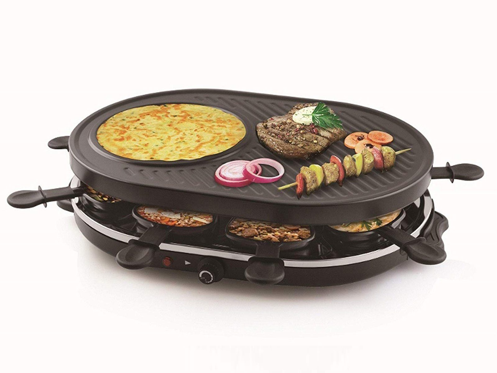 Tristar Raclette, 8 Raclettepfännchen, 1200 W, Gerät für 2-8 Personen, ovaler Elektro Tischgrill groß Crepesmaker