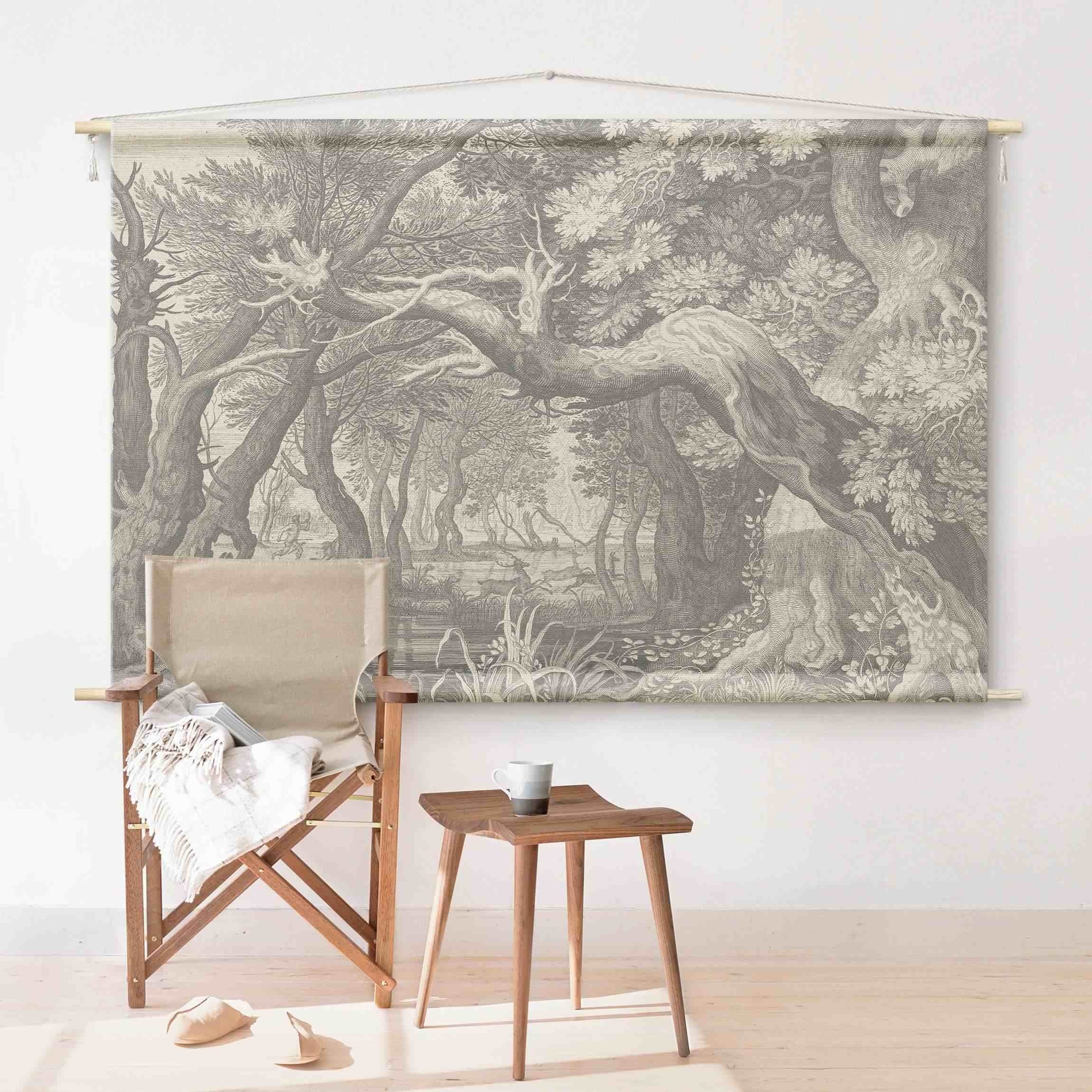 Bilderdepot24 Wandteppich modern Wald Tropisch Natur Vintage schwarz-weiß grau, rechteckig, Höhe: 2.6 mm, großes Wandbild aus Natur-Baumwolle Wandbehang Stoffbild Tuch Wollseil