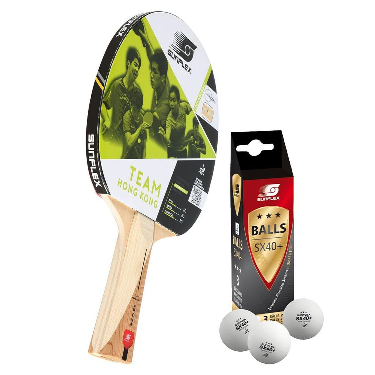 Sunflex Tischtennisschläger TEAM HONG KONG + 3x SX+ Bälle, Tischtennis
