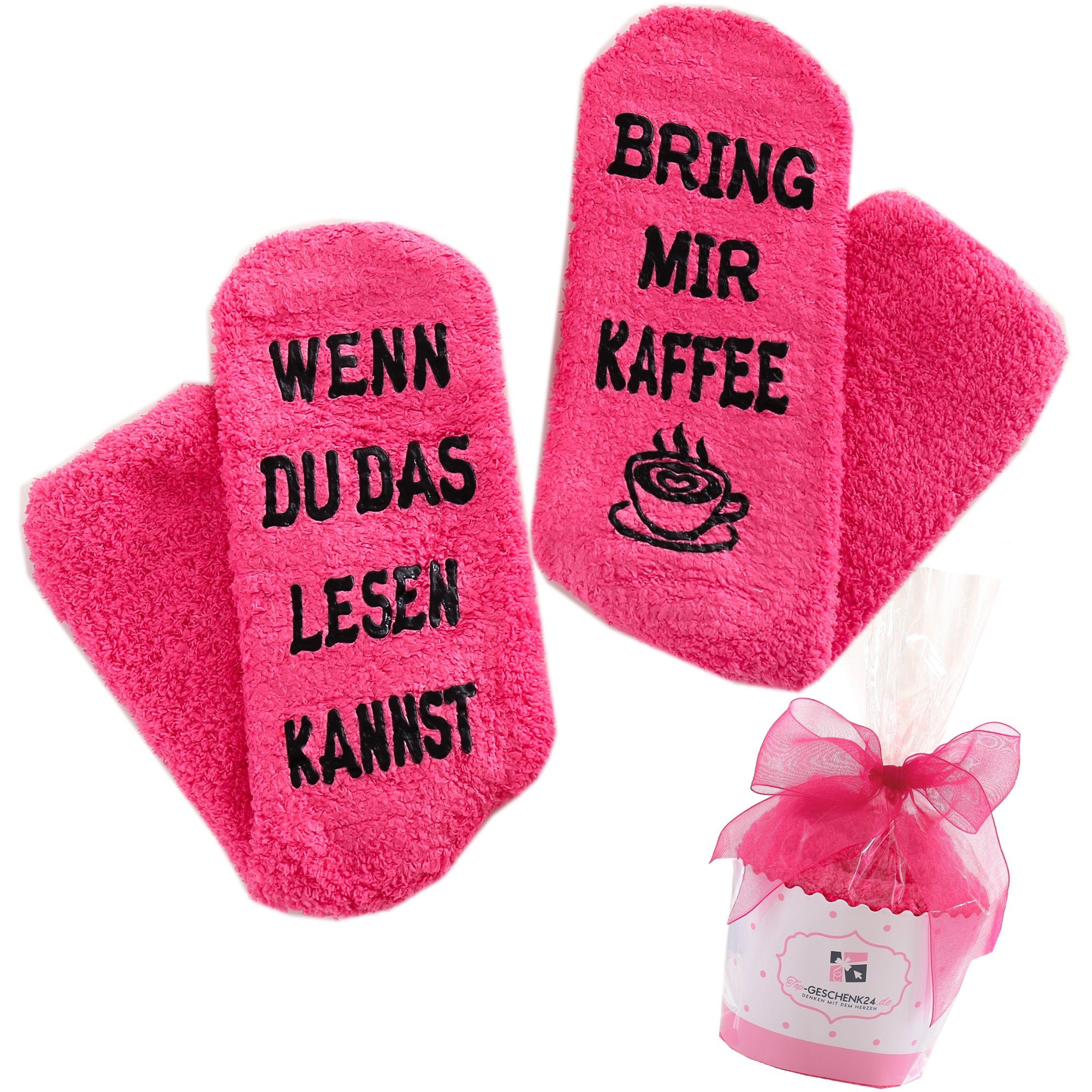 Lucadeau Kuschelsocken mit Spruch "bring mir Kaffee", Geschenk zum Geburtstag (Cupcake Verpackung, 1 Paar) rutschfest, Gr. 36-43, Geburtstagsgeschenk
