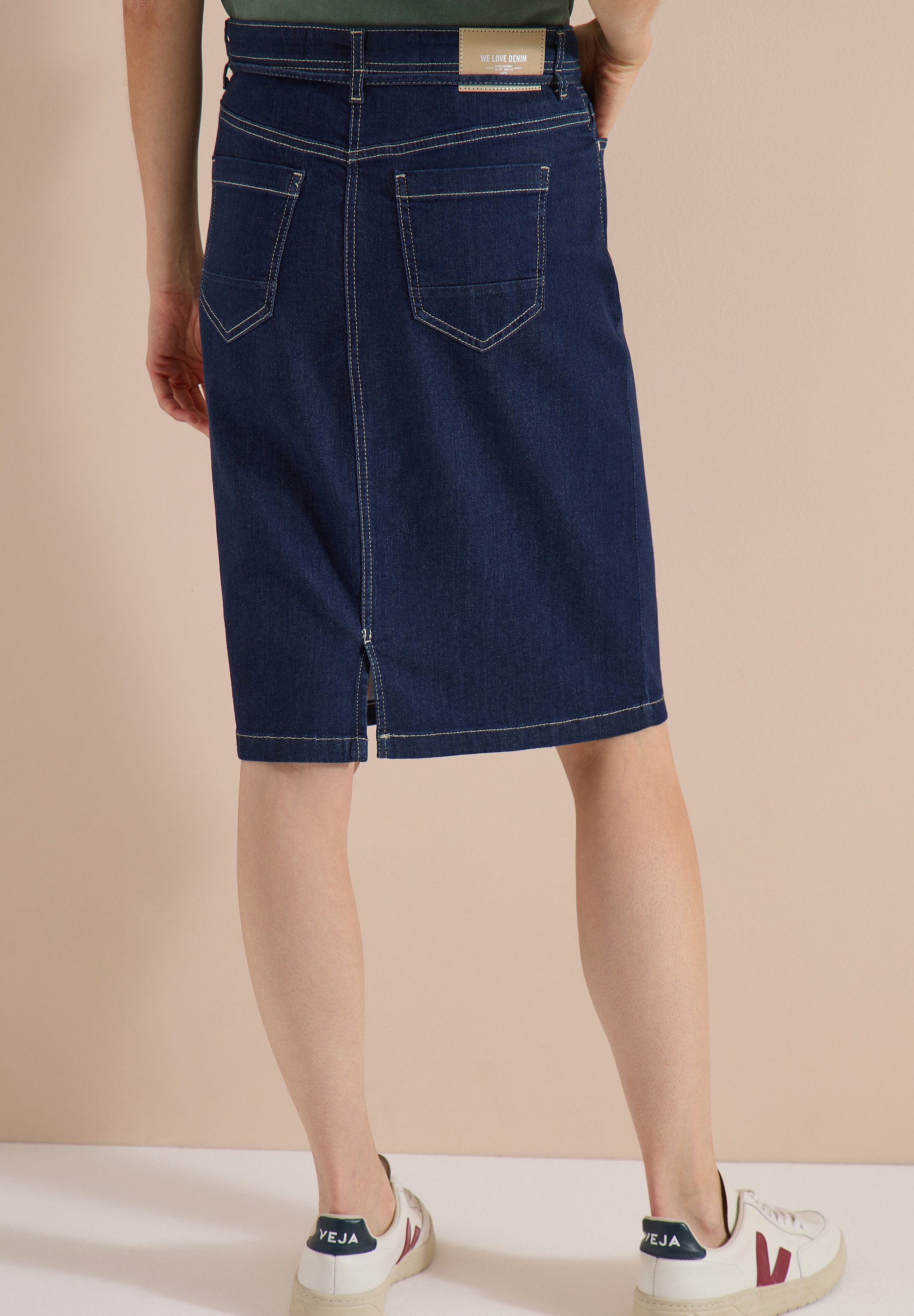 CECIL Jeansrock Knielanger Denimrock mit Gürteldetail