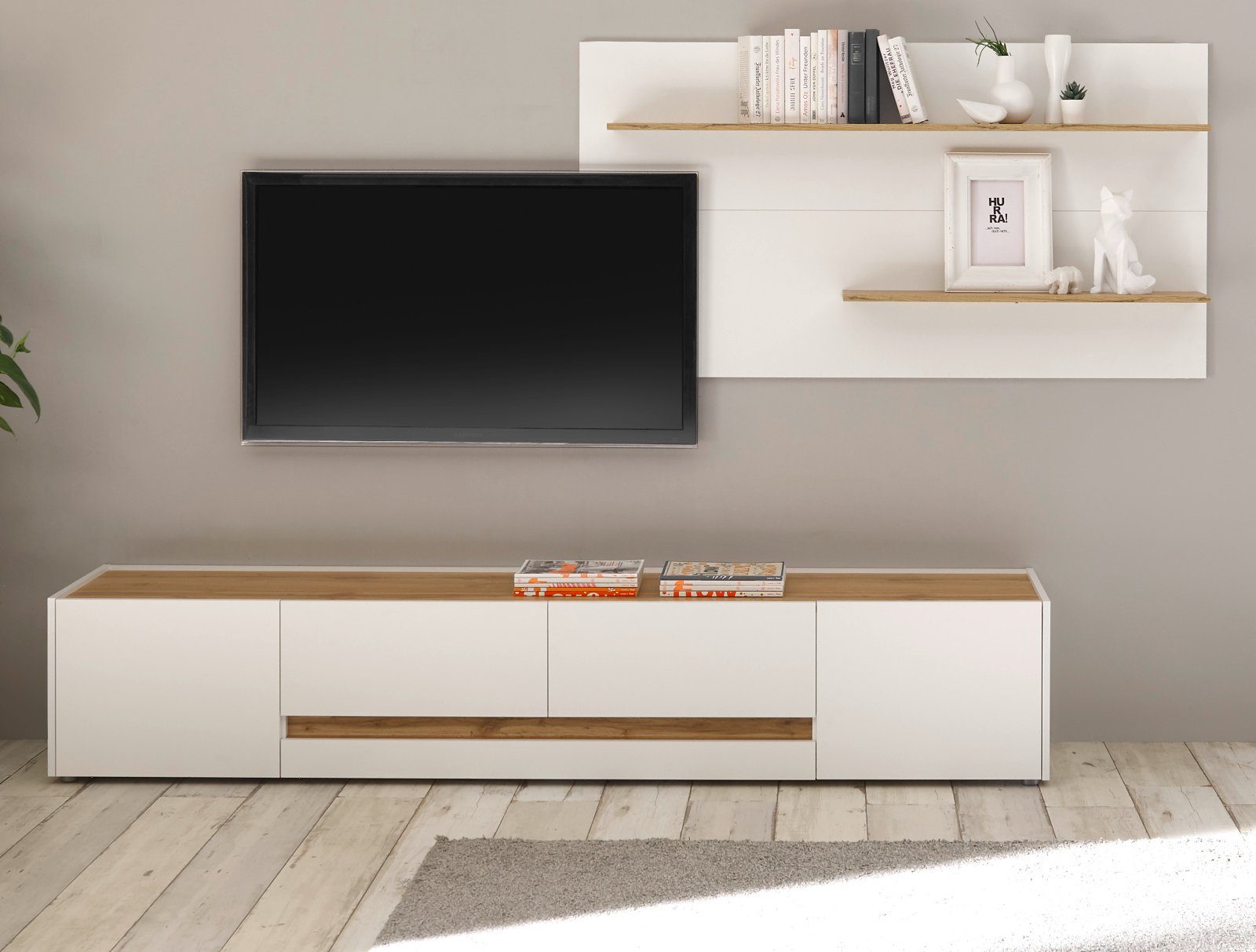 Wohnwand TV-Lowboard cm), mit - 320 Breite weiß Eiche, Furn.Design mit großem Wotan in 230 (TV Wohnkombination Center,