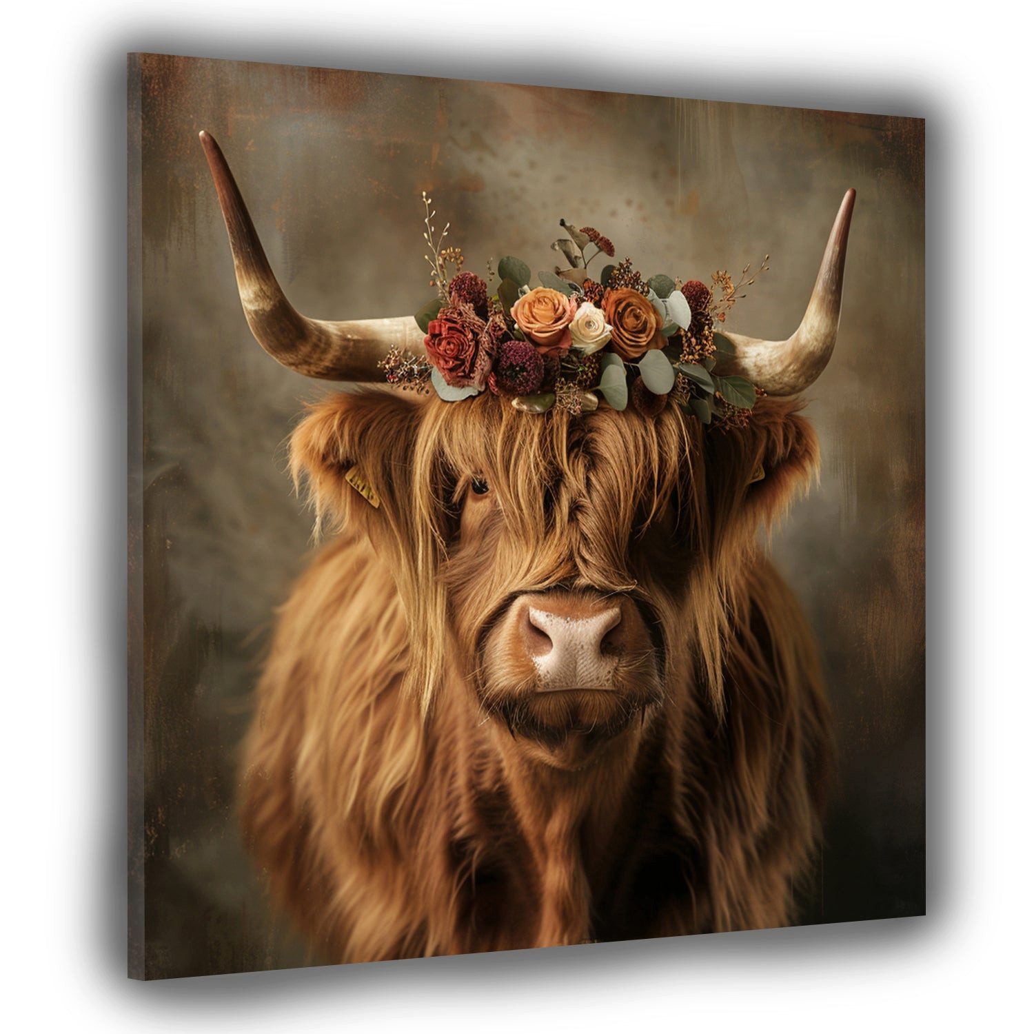 Artedinoi Leinwandbild Kuh Scottish Highlander mit Blumenkrone Natur Leinwandbild Wandbild De, Hochlandrind mit Blumenkrone