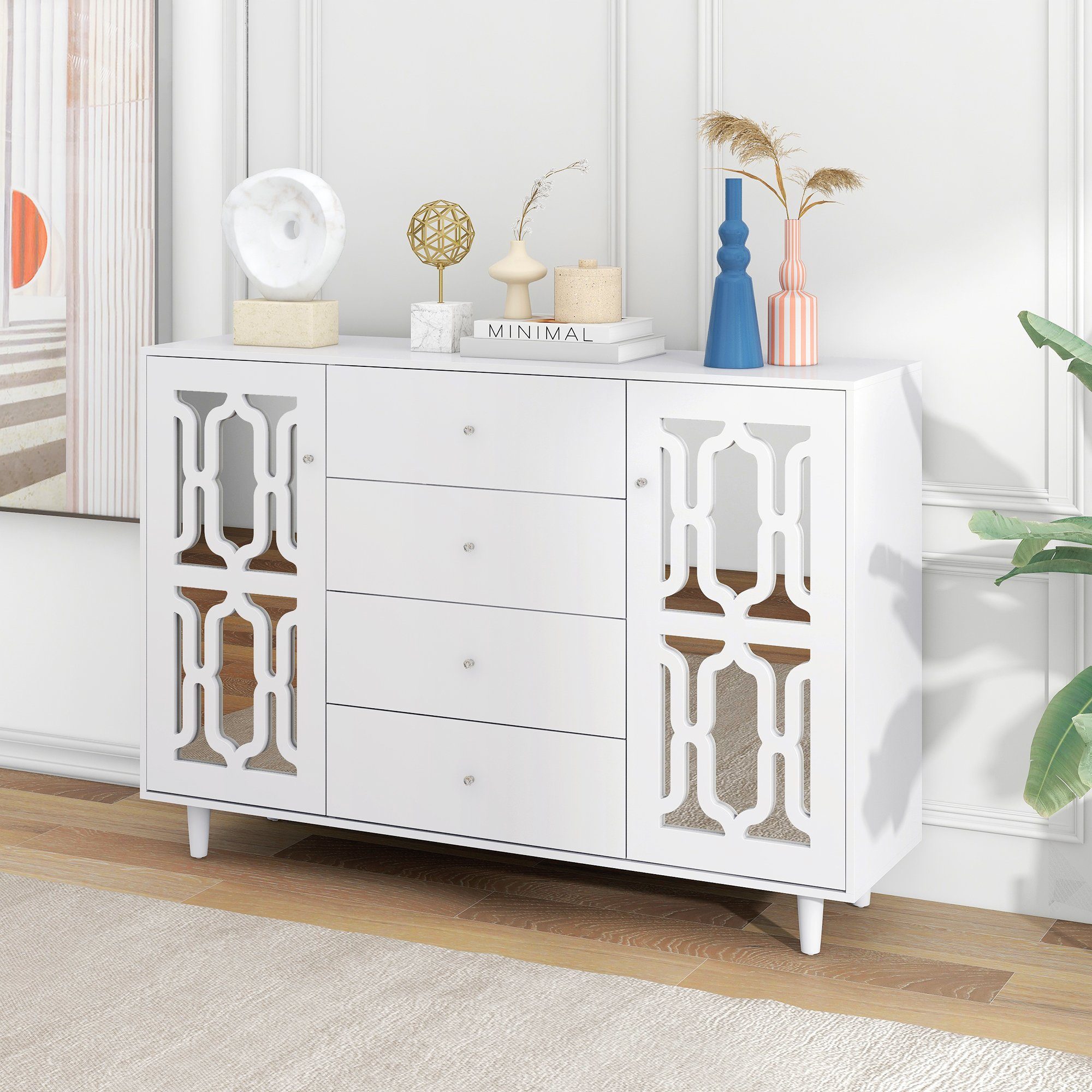 BlingBin Kommode verspiegelte Anrichte Sideboard Kommode (mit kühlen Kristallgriffen Zwei Türen, vier Schubladen), Spiegeltür