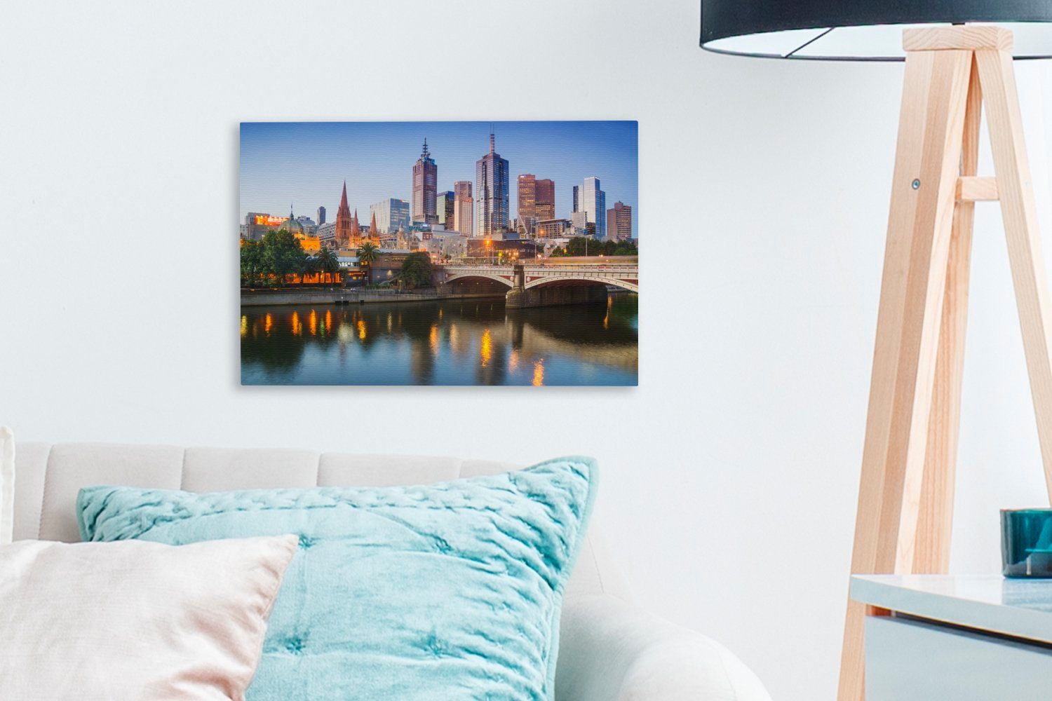 OneMillionCanvasses® Leinwandbild Wandbild cm der St), Die Wanddeko, (1 von Aufhängefertig, Melbourne Leinwandbilder, in Abenddämmerung, 30x20 Skyline