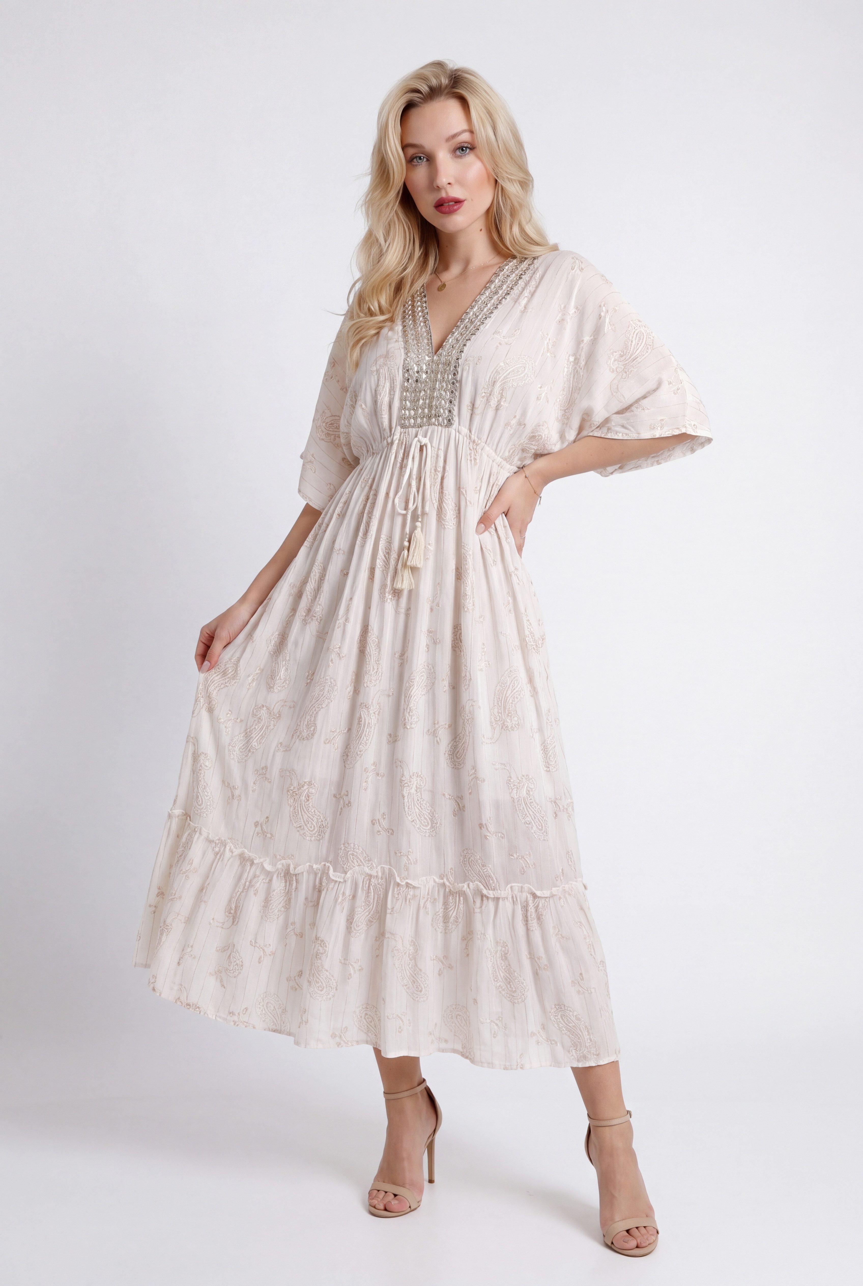 YC Fashion & Style Maxikleid Boho-Sommerkleid mit goldfarbenem Paisley-Print One Size 34-40 aus Visksose