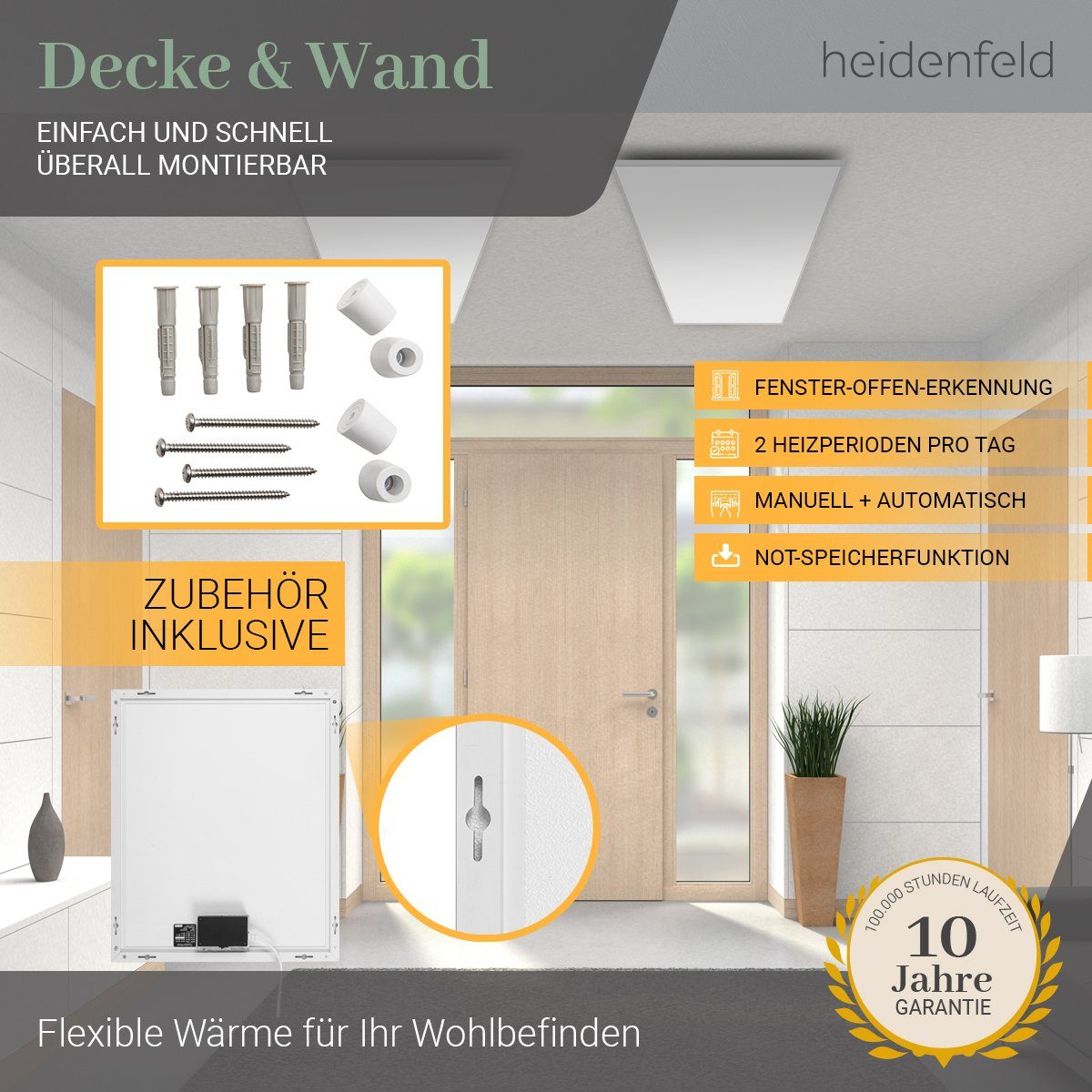 Heidenfeld Infrarotheizung - Infrarot Decken - App-Steuerung Elektroheizung 1200 Elektroheizkörper 10 Wand 300 W Heizkörper - HF-HP106-2 J. Garantie, Wandheizung