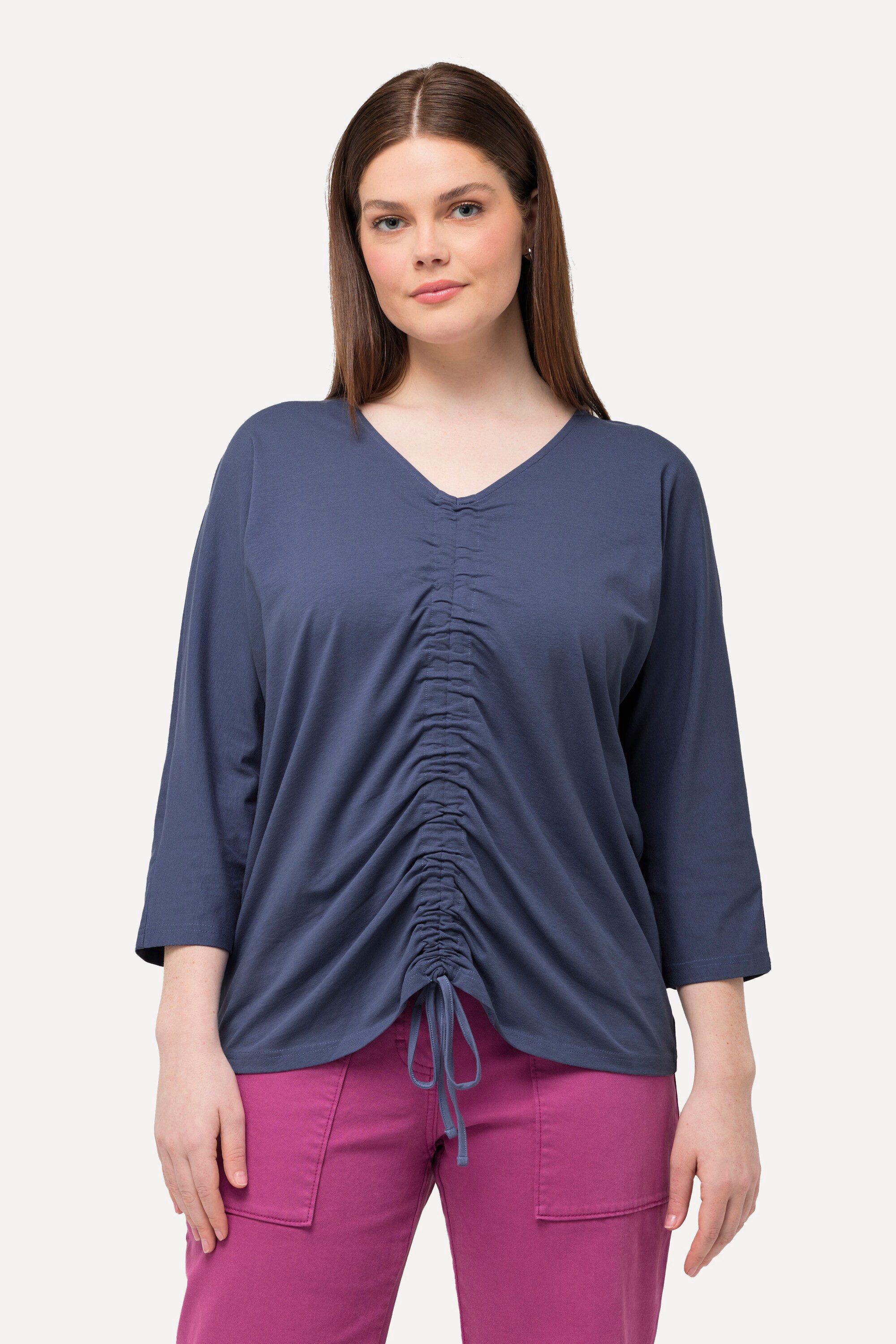 Ulla Popken T-Shirt T-Shirt Raffung V-Ausschnitt 3/4-Arm Biobaumwolle günstig online kaufen