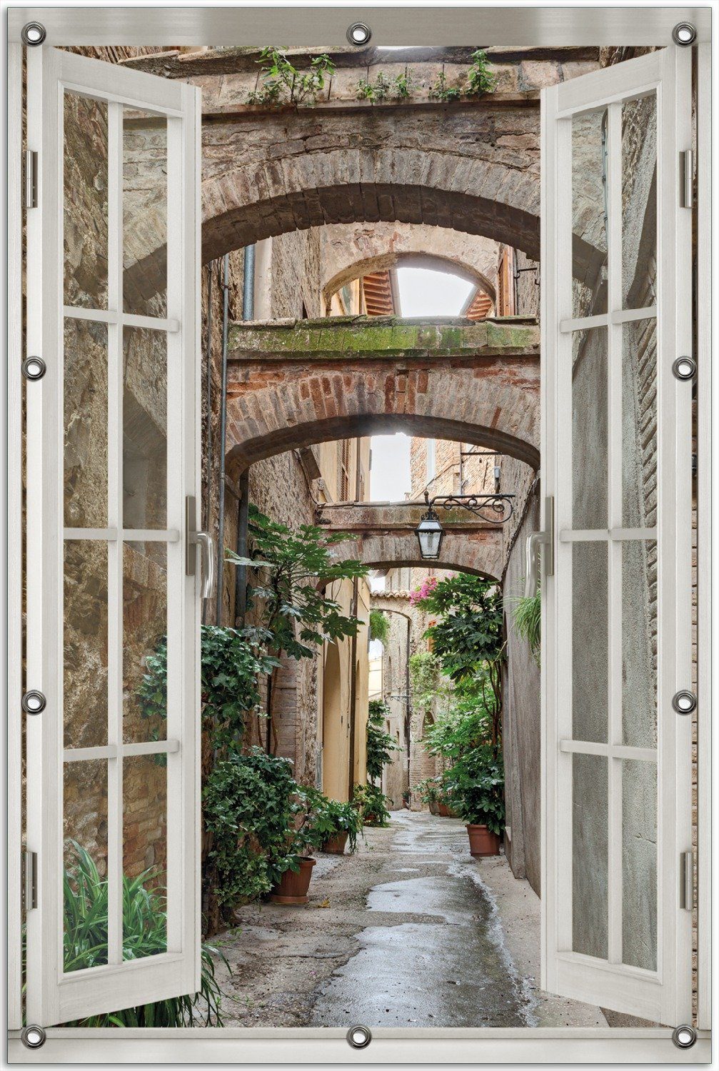 Wallario Sichtschutzzaunmatten Grüne italienische Gasse - mit alten Bögen, mit Fenster-Illusion