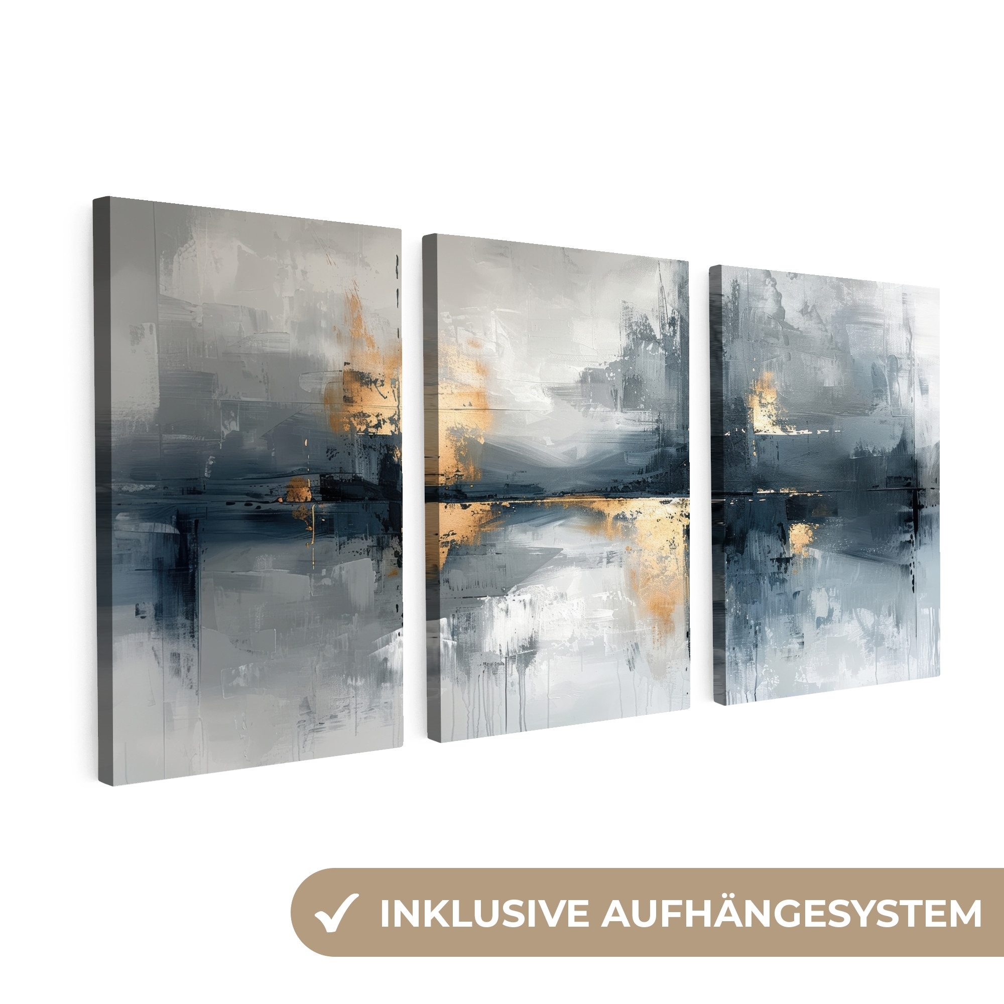MuchoWow Leinwandbild Abstrakt - Grau - Gold - Modern, Fotodruck (3 St), Leinwand Bilder 3 Set für Wohnzimmer Schlafzimmer 120x60 cm