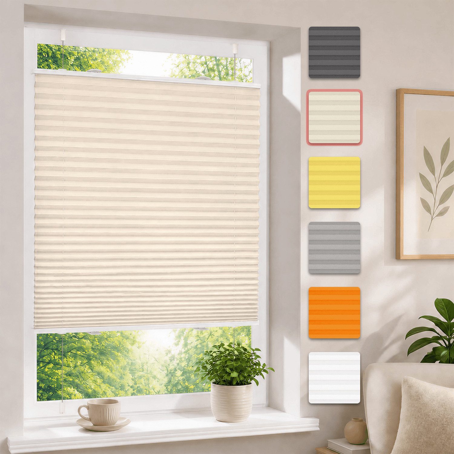 OUBO Plissee Faltrollo Ohne Bohren, Lichtschutz, Klemmträger,Easyfix, Lichtschutz, verspannt, Klemmfix, Jalousie für Fenster & Tür