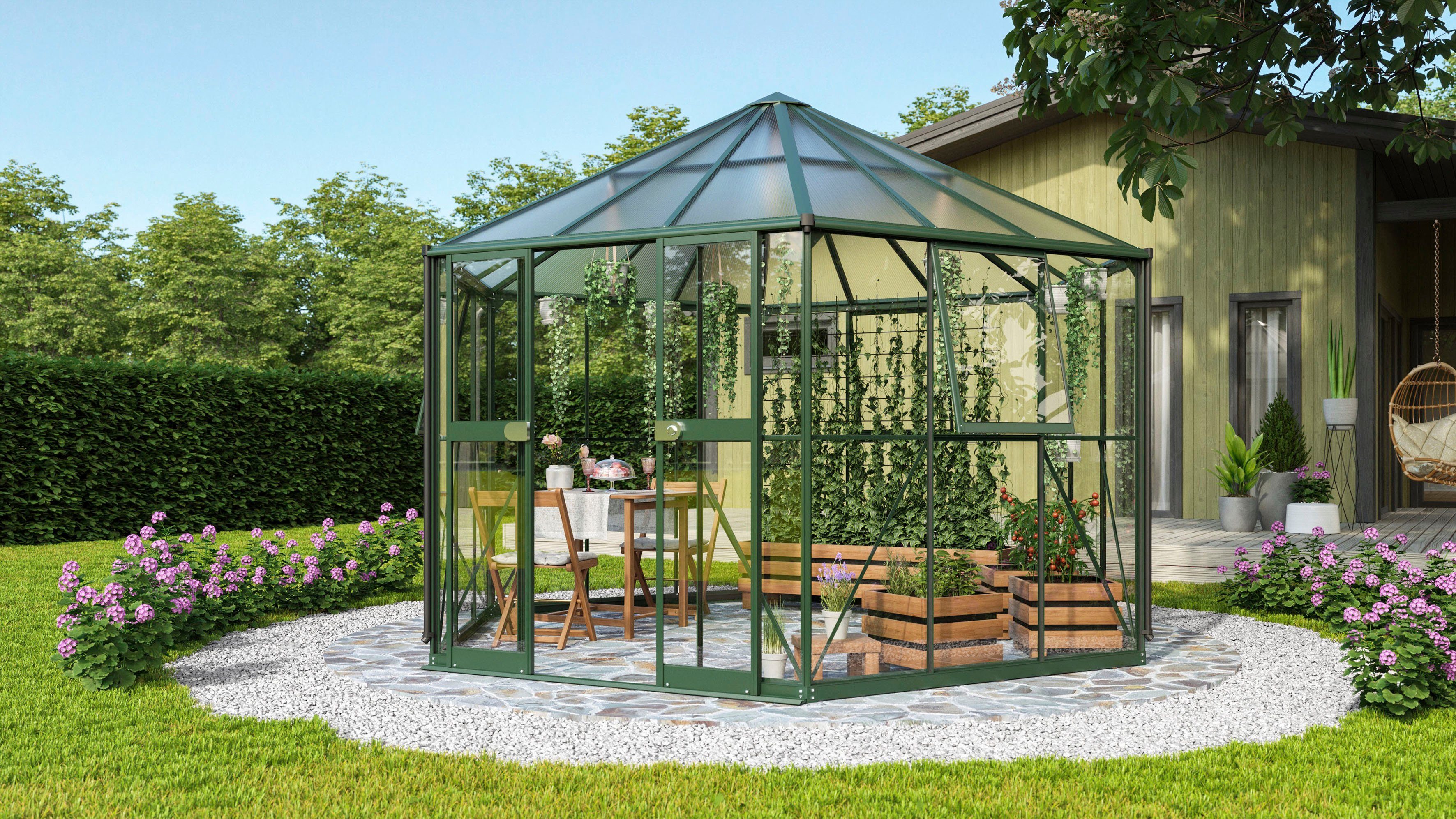 Vitavia Gewächshaus Pi 9000, mit Stahlfundamentrahmen, BxTxH: 336 x 383,3 x 283,7 cm, 3 mm Wandstärke, Alu-Profile,3 mm Sicherheitsglas, Dach 6 mm Hohlkammerplatten