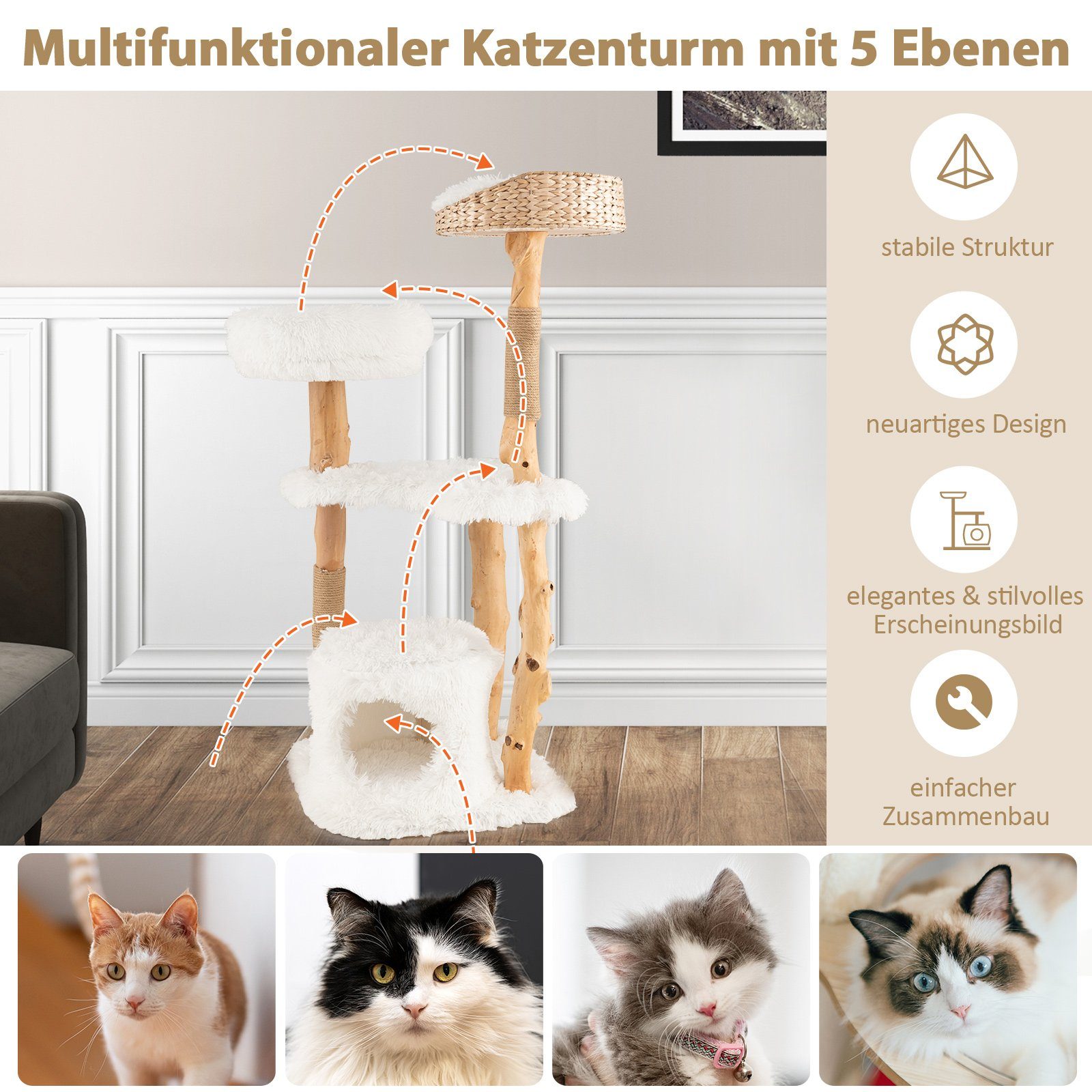 COSTWAY Kratzbaum 124cm Katzenbaum, Katzenbaum, Kletterbaum mit Katzenhöhle, 124cm hoch