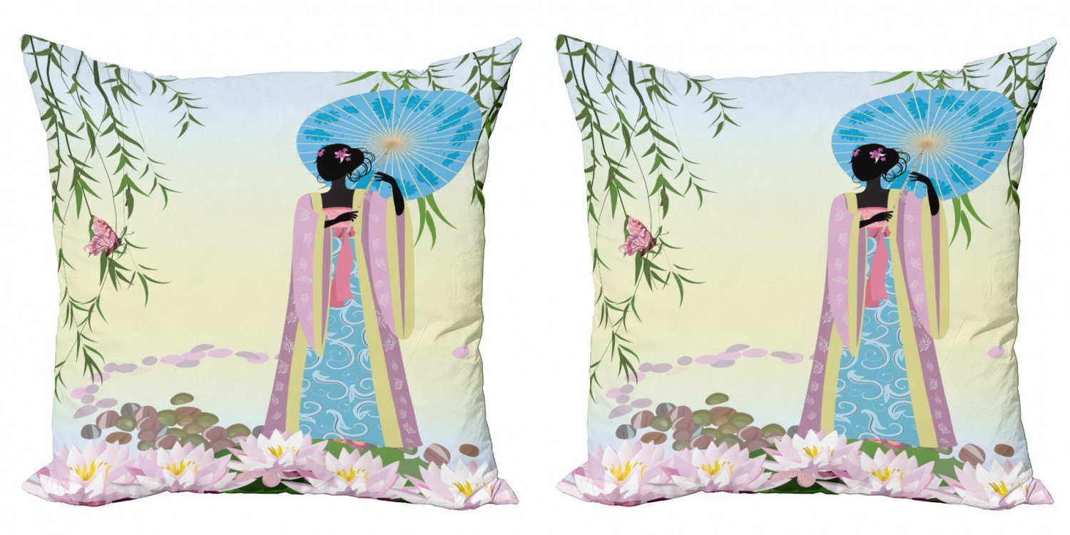 Tradition Accent Chinesische Doppelseitiger Stück), Modern Abakuhaus Regenschirm-Mädchen Kissenbezüge (2 Digitaldruck,