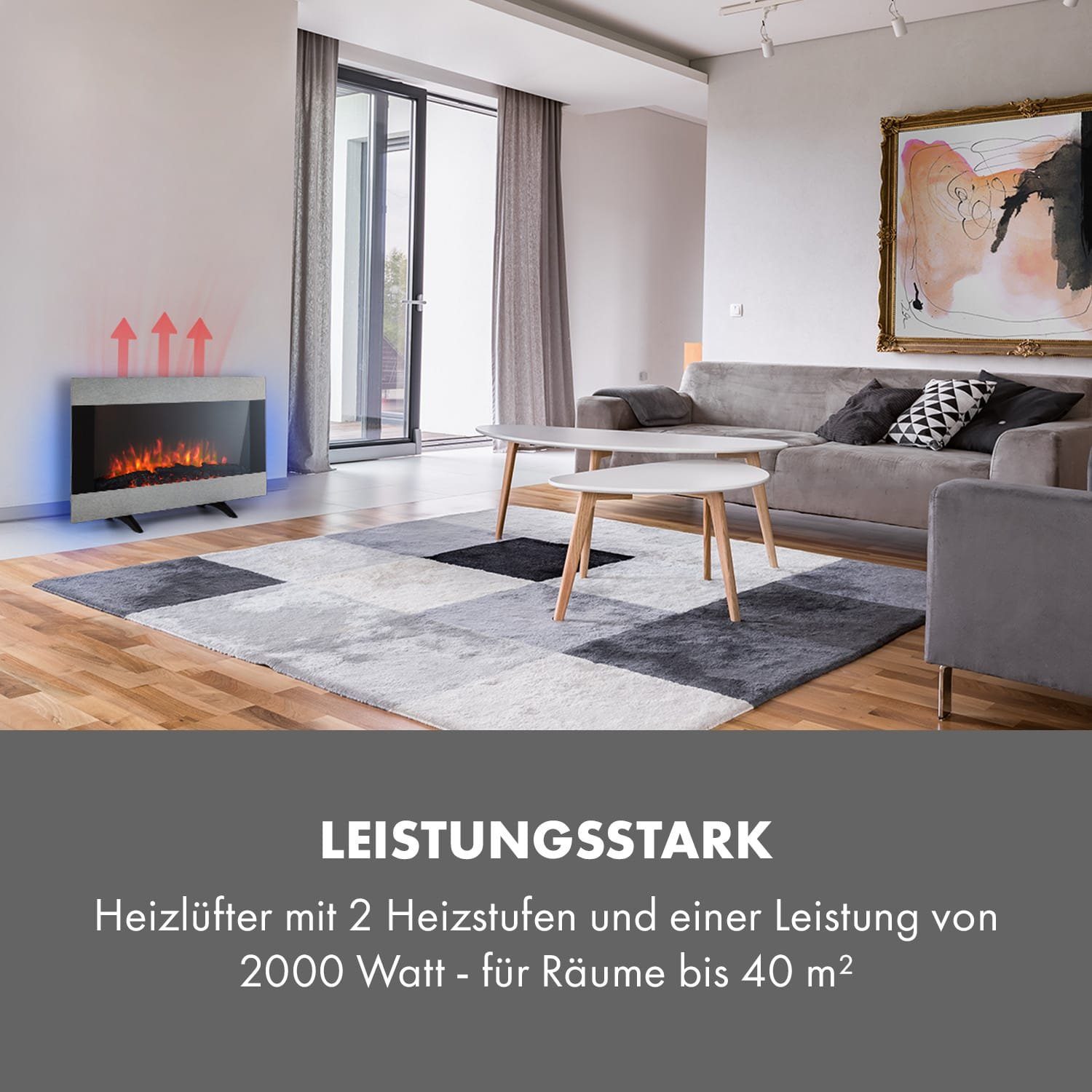 LED Heizung Klarstein Elektrokamin Indoor Heater Basel Illumine, Kamin 2000W Elektrischer