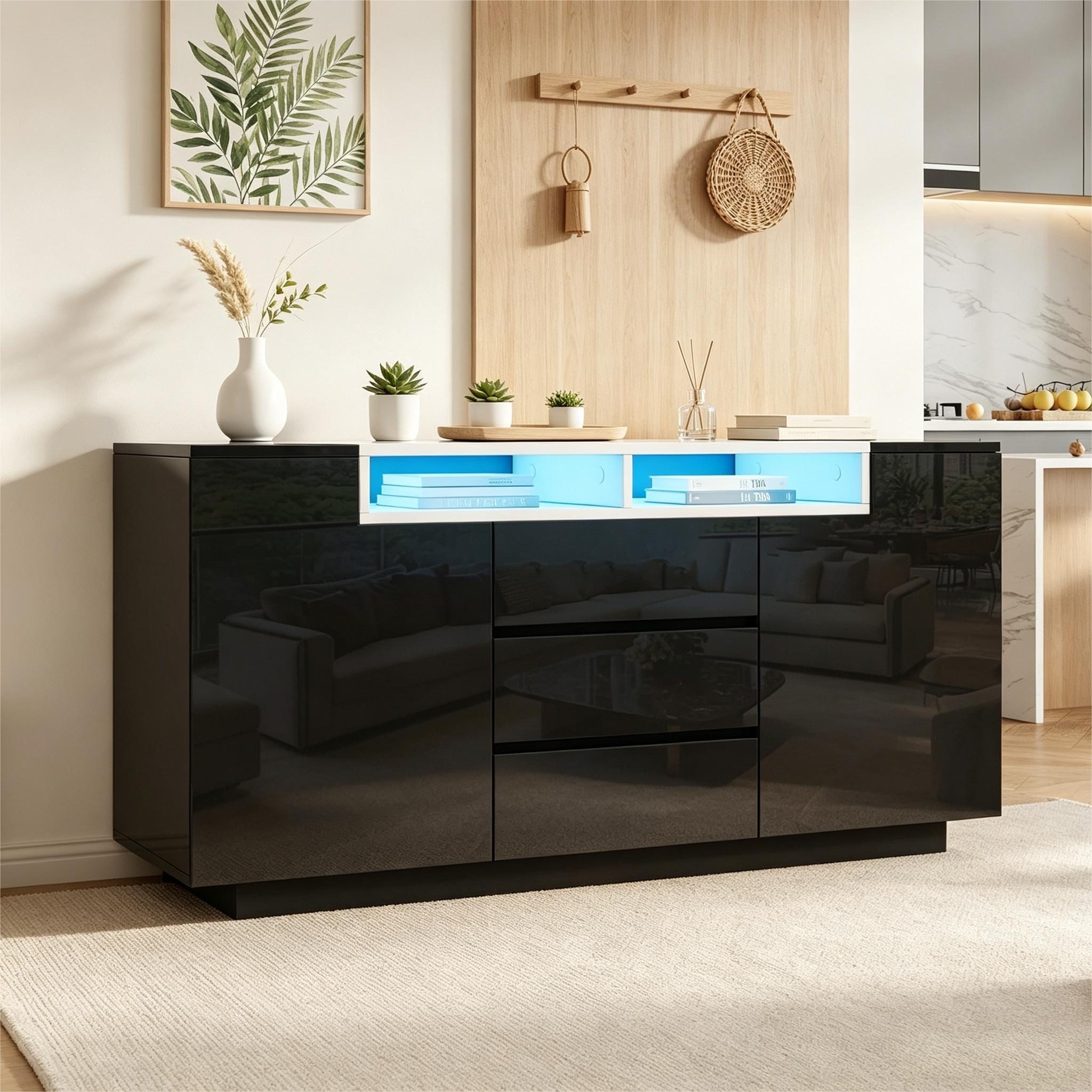 Merax Sideboard mit LED-Beleuchtung, Hochglanz Anrichte mit verstellbaren Trennwänden (1 St), Kommode mit 2 Türen, 3 Schubladen & offenen …