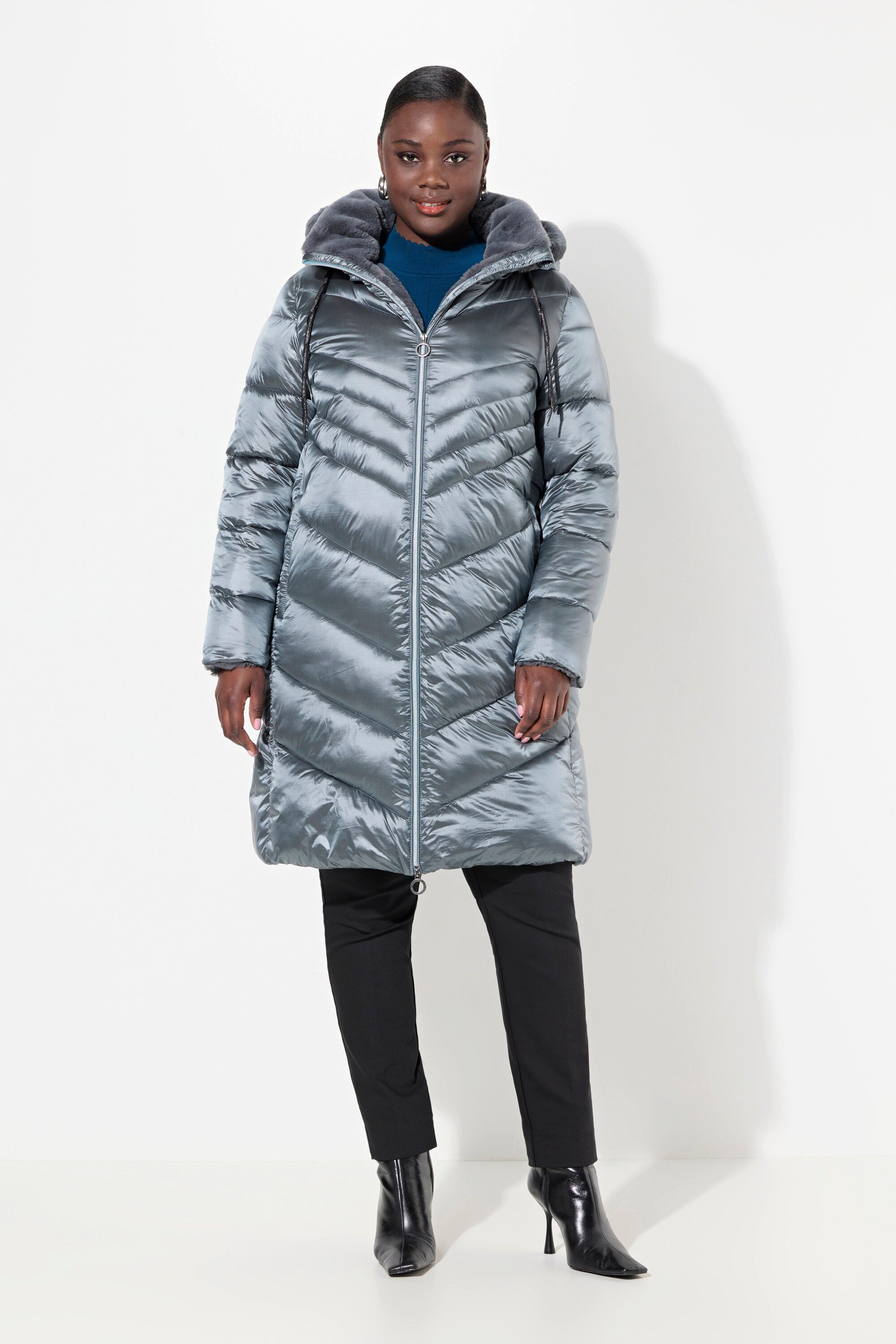 Ulla Popken Wintermantel Steppmantel Metallic-Schimmer Kunstfellbesatz