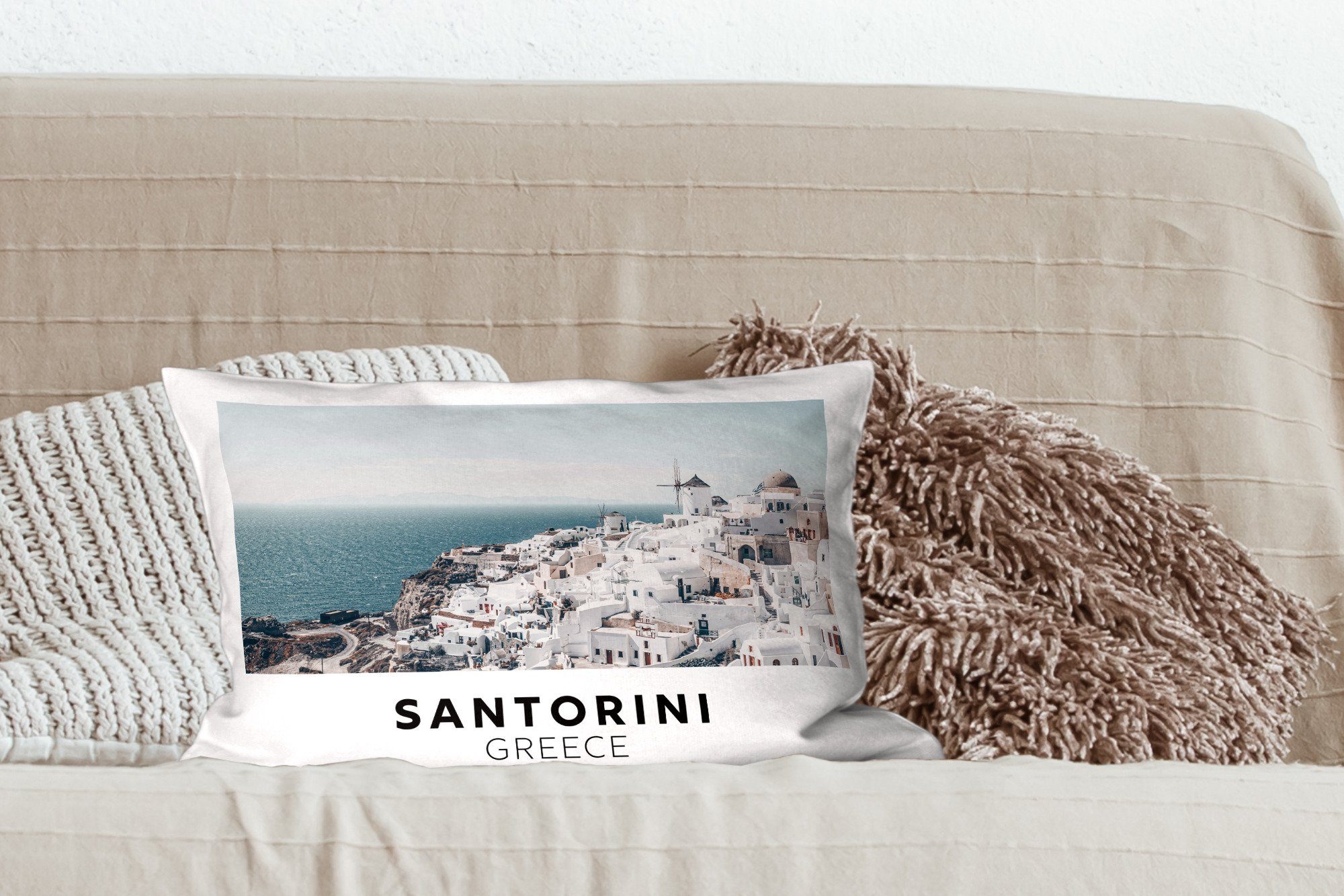 Dekokissen mit Dekoration, - - Schlafzimmer Santorin Griechenland Dekokissen MuchoWow Wasser, Füllung, Zierkissen, Wohzimmer