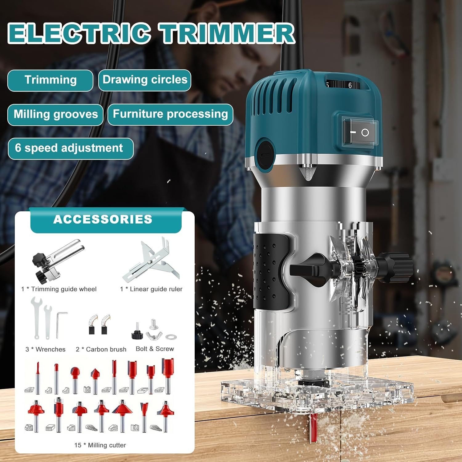 Athlix Kantenfräser Elektrische Trimmmaschine Holzarbeiten Fräsen Enching Hand Holzkante, 24-tlg., 800 W, 30000 U/min - Vielseitig einsetzbar