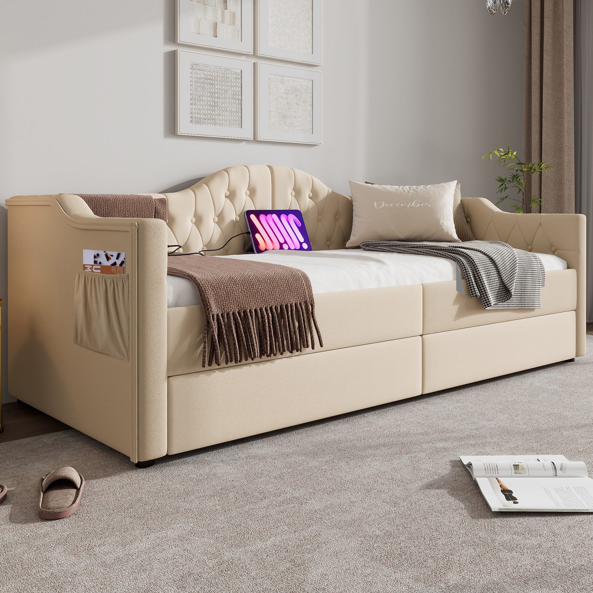 Flieks Daybett, Polsterbett Tagesbett 90x200cm mit Ladefunktion und 2 Schubladen Samt