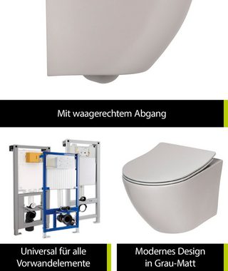 aquaSu Tiefspül-WC, Wandhängend, Abgang Waagerecht, Wand WC, spülrandlos, Grau, WC-Sitz Absenkautomatik, Duroplast, 049726