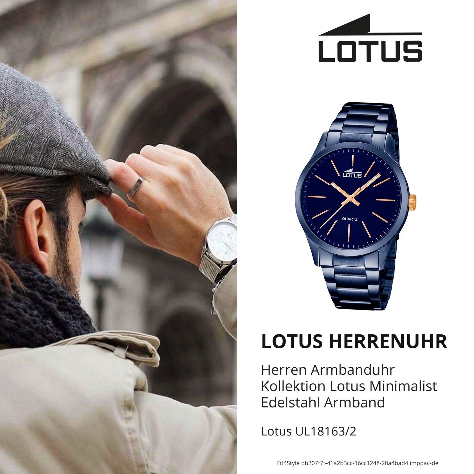 Lotus Herren Elegant rund, blau Edelstahlarmband Uhr Herren Armbanduhr L18163/2, Quarzuhr Lotus