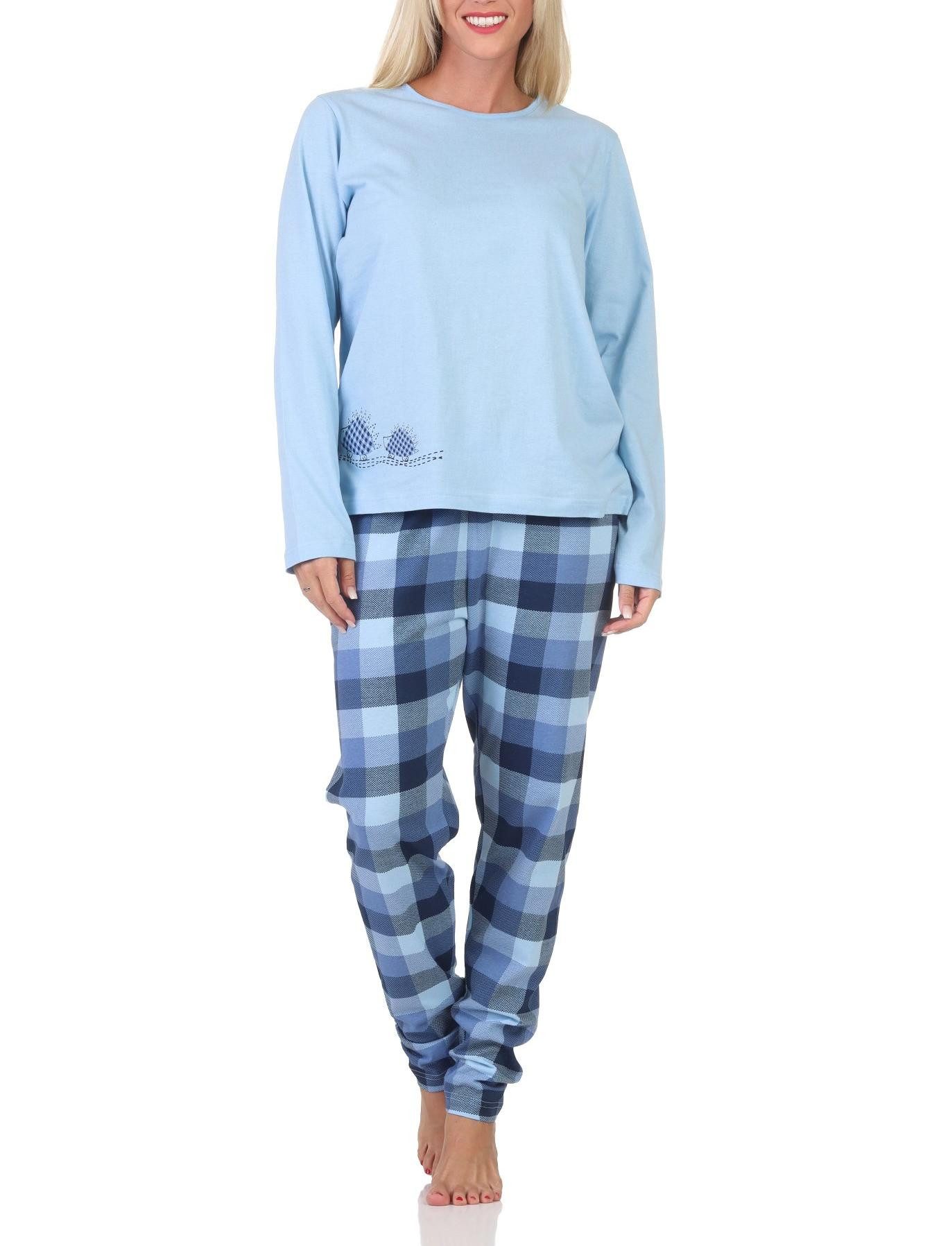 Pyjama Normann Damen Jersey langarm Pyjama mit karierter Hose und Tiermotiv