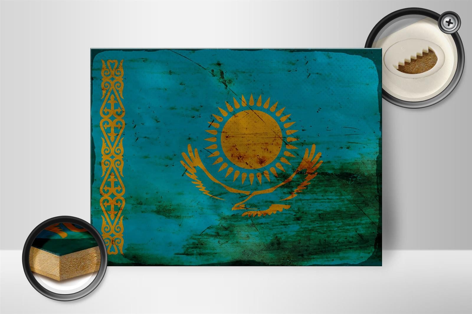 Femer GmbH Holzbild Flagge Kasachstan 40x30cm Kazakhstan Rost, Flaggen (1 St), Glatte Holzfaserplatte (MDF), vorn beschichtet