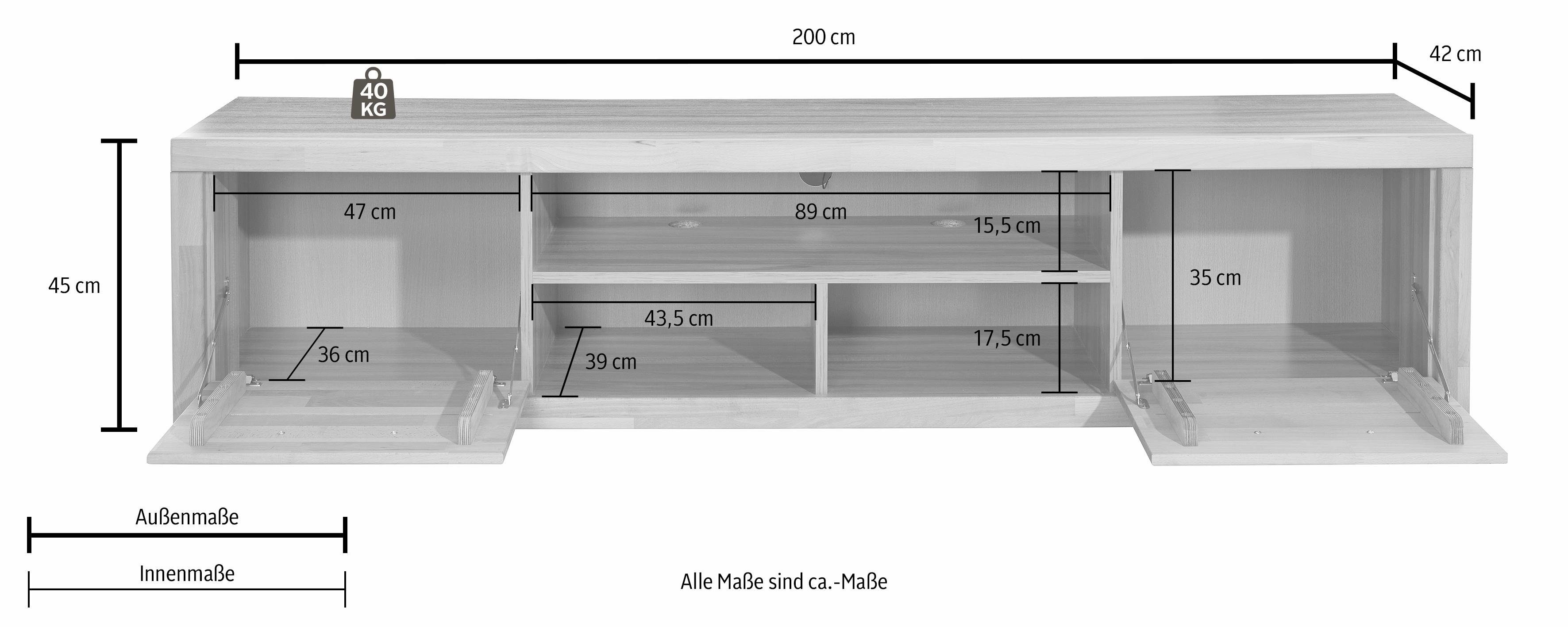 Home affaire Lowboard "Logo,200cm breit,42 cm tief, Fronten Massivholz, Kab günstig online kaufen