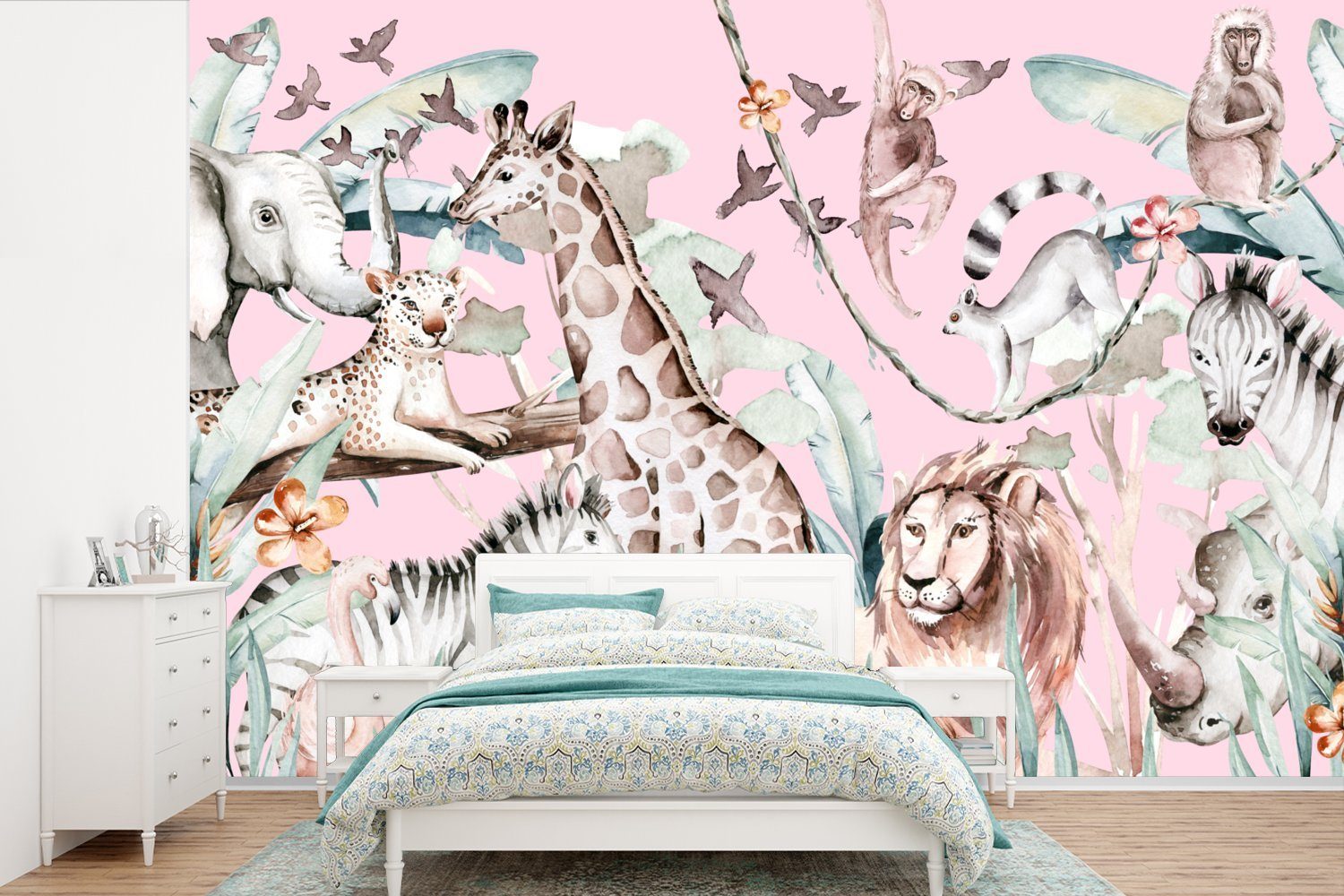 MuchoWow Fototapete Wasserfarben - Tiere - Dschungel - Rosa - Mädchen - Kinder - Kinder, Matt, bedruckt, (6 St), Wallpaper für Wohnzimmer, Schlafzimmer, Kinderzimmer, Vinyl Tapete