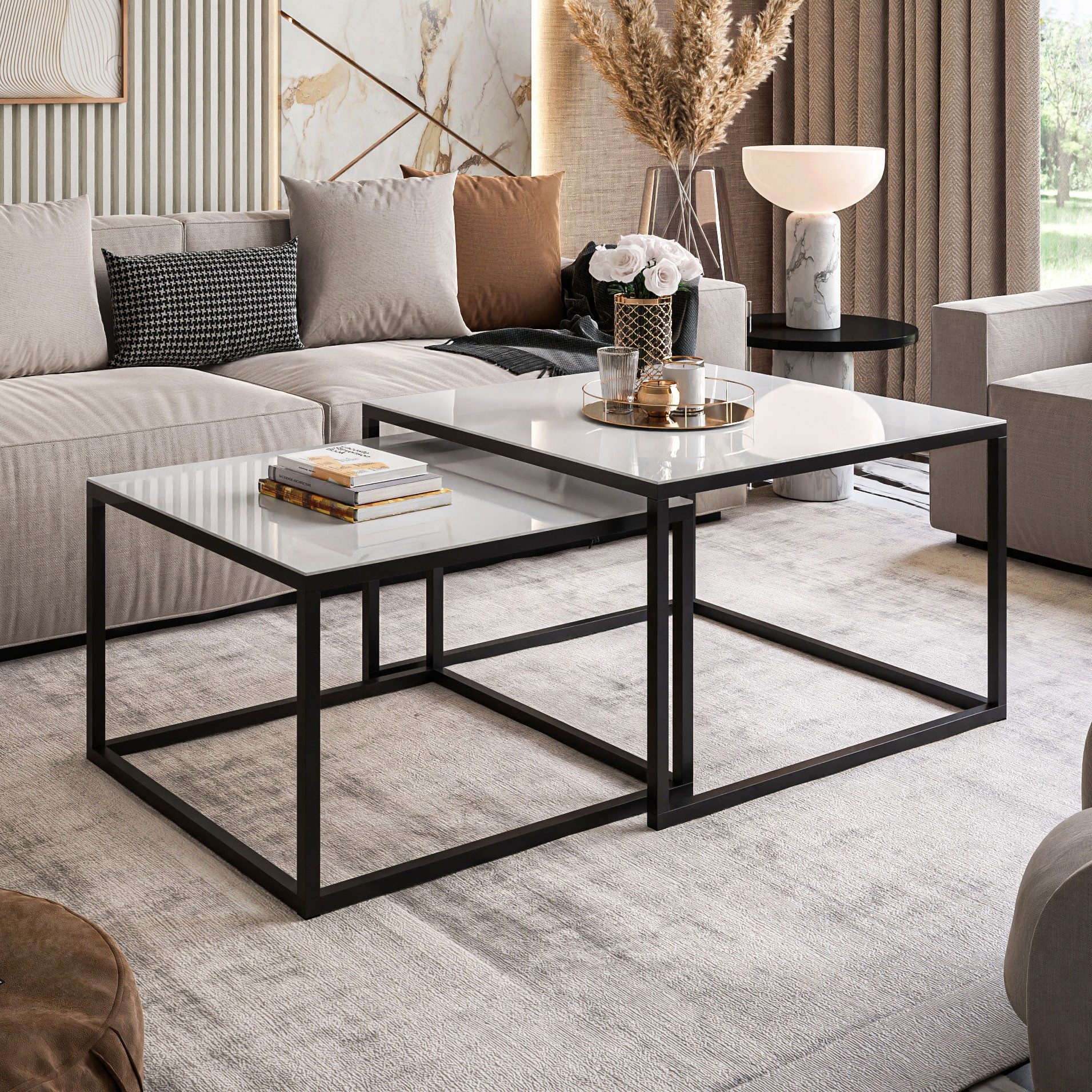 Lookway Couchtisch YOSHI GLASS 2in1 mit schwarzem und weißem Gestell (2er-S günstig online kaufen