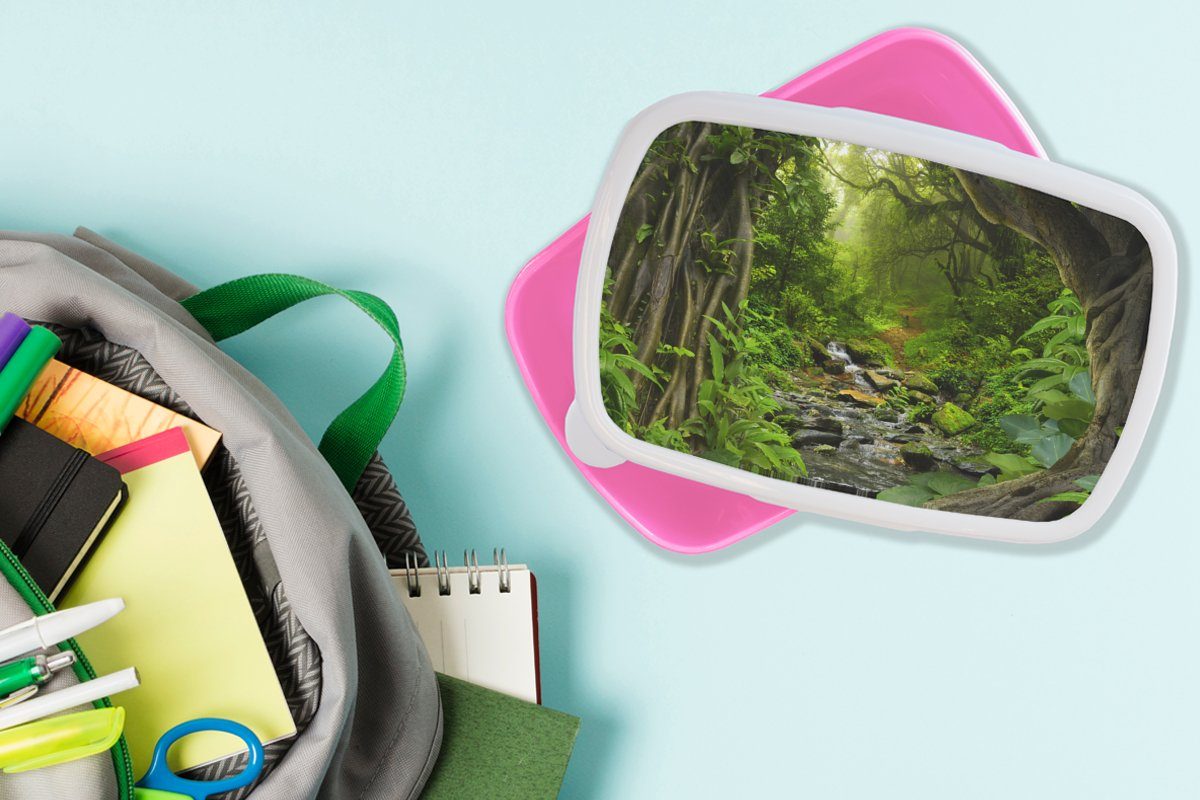 rosa (2-tlg), - Kunststoff, Mädchen, - MuchoWow - Lunchbox Natur Snackbox, Erwachsene, Kinder, Brotbox Wald für Wasser Dschungel Tropisch, - Kunststoff Brotdose