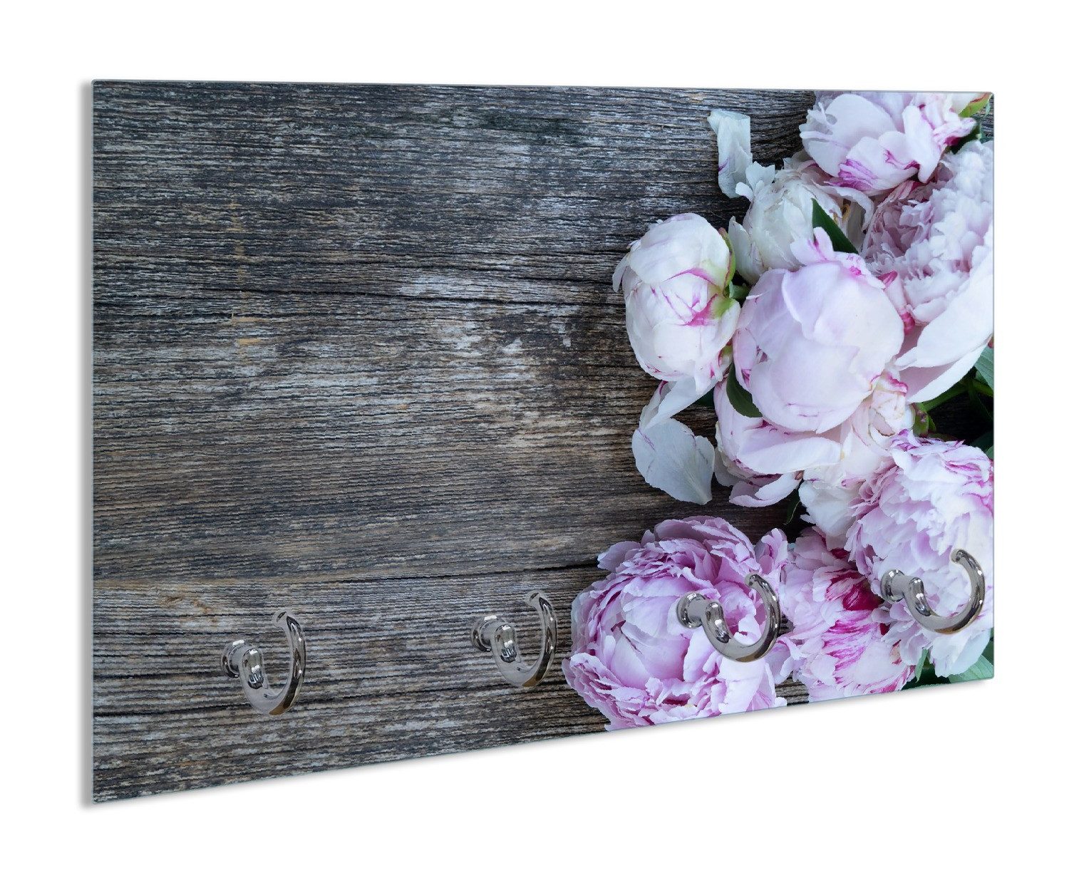Wallario Schlüsselbrett Pinke Blumen auf Holz, (inkl. Aufhängeset), 30x20cm, aus ESG-Sicherheitsglas